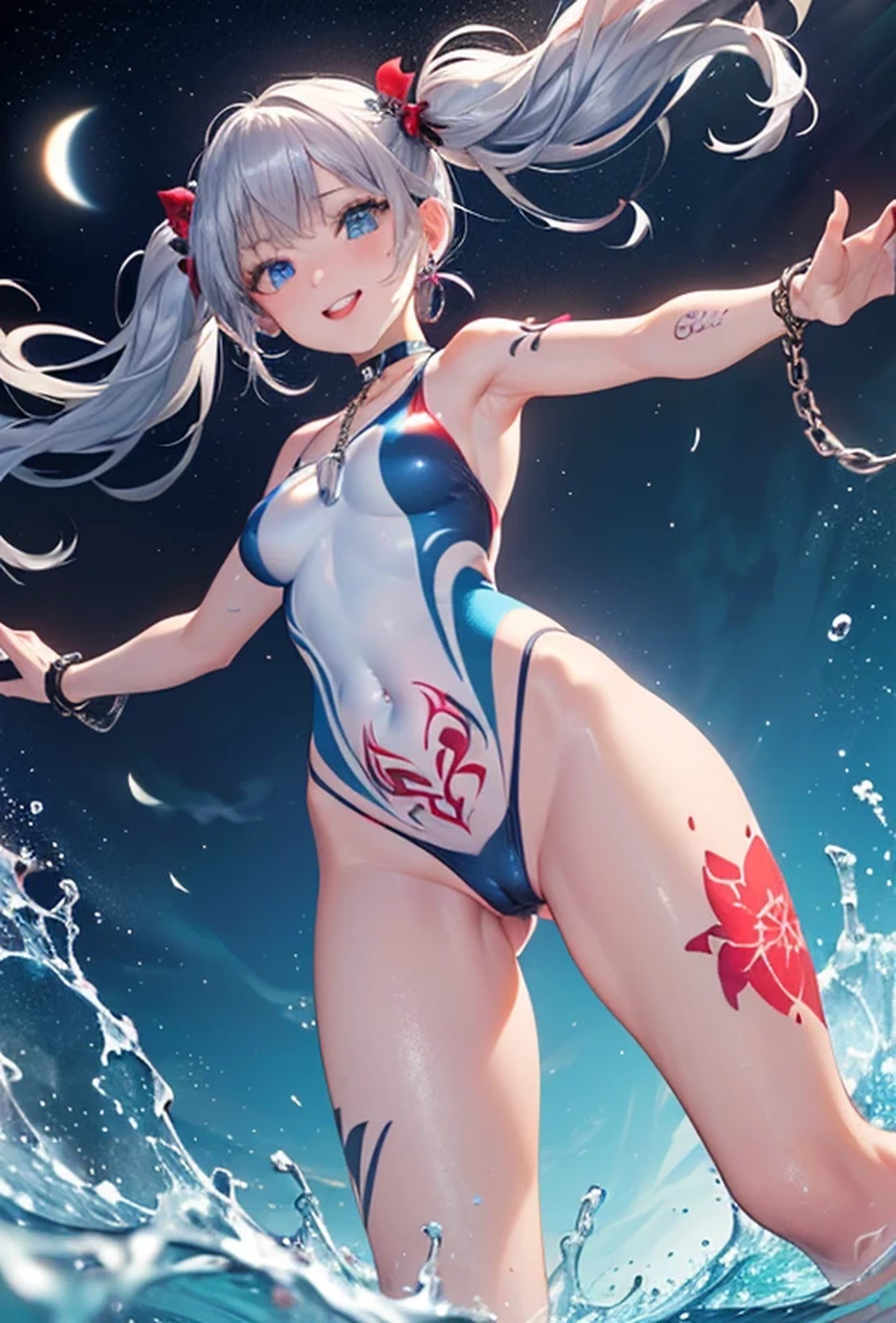 (Super detailed、Ultra-high resolution、8K masterpiece、Vibrant colors)、((Flat Color))、((Floating water))、Night Coast、Colorful Light、 A woman in a sexy swimsuit、(Angle from below)、(Silver chain body jewelry)、Jump、Random Sexy Poses、 ((body paint、Pop tattoo on thigh))、Big Breasts、 (Sexy swimsuit with a tight fit、choker)、cameltoe、Beautiful hip line、Butt、 (Twin tails、Red, vermilion, blue and silver hair、hair ornaments)、Beautiful blue eyes、Beautiful red lip、(fun、smile)、TWICE's Tzuyu' on pause