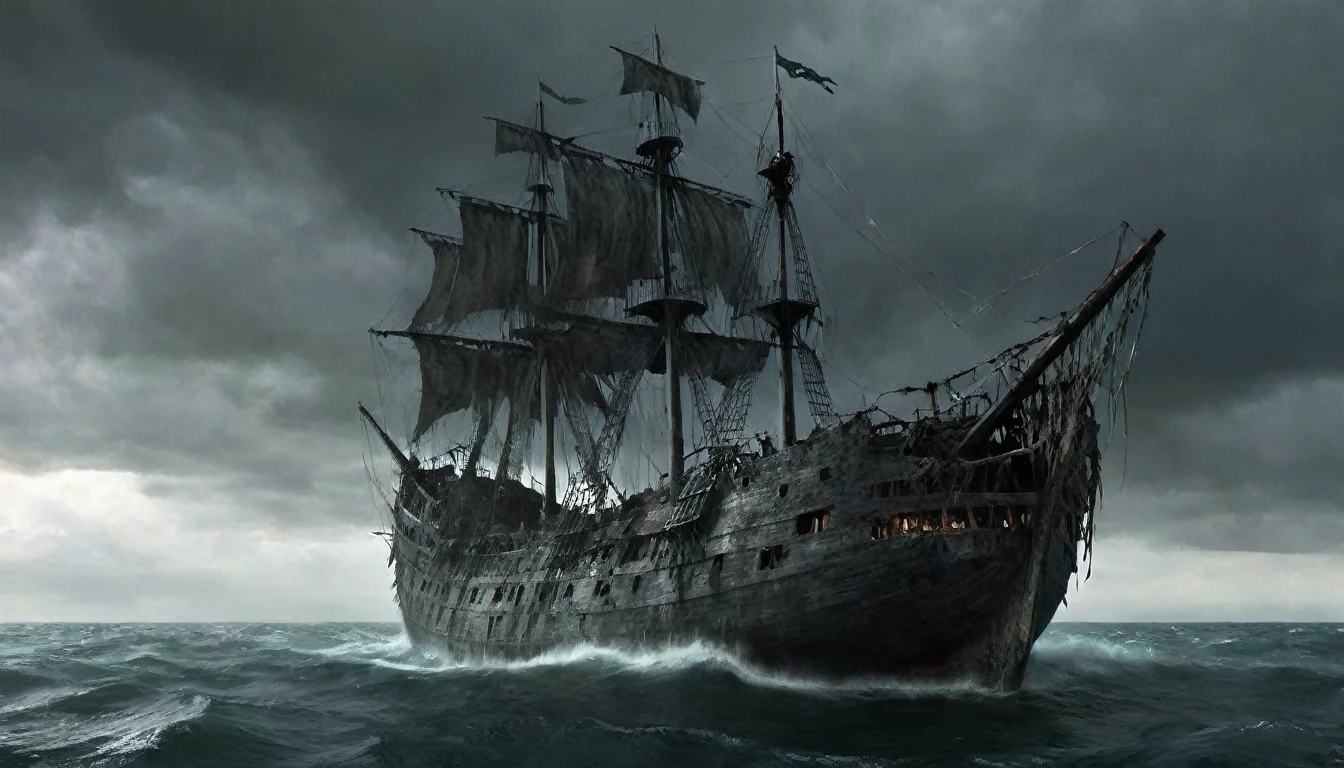 As a ghost ship, the Silent Mary was more like a wreck than a working ship.  It looked worrisome because the sails were torn, but sailed at a godless speed, and the hull almost rotted up to resemble a large floating thoracic cage. Dark clouds gathered behind the ship, although the rest of the sky was clear.  Salazar’s ship was like a sea monster, from which no pirate ship could escape, for its hull opened up like the mouth of a huge beast, then tearing its prey and drowning it.
By the time the Silent Mary became a ghost ship, the gangways and their guardrails collapsed in several places and were no longer usable, forcing the crew of the ship to cross directly to the main deck. The ship’s prow, located under the beaupré, showed a woman holding a spear. Like many other Spanish ships of the time, the Silent Mary had a Howler-Billed mast at the end of the Beaupré.
With her keel, bottom and lower decks almost entirely destroyed, her exposed members to the weather and many boards broken or missing, her sails in rags and all her mast broken, the Silent Mary was no more than a wreck. Under normal circumstances, any ship with such extensive damage would sink when it hits the water. However, defying the laws of physics, the Silent Mary continued to sail like a normal ship in sailing condition, even though it was more of a skeleton than a ship. Now a terrifying specter, she has become the main tool of Salazar’s revenge. Using his magic, Salazar could easily bend the bow of the ship to the rear and open the ship’s girders like the jaws of a giant sea monster. He then crushed the Silent Mary on the deck of an enemy ship, breaking it in half, while the Silent Mary, protected by Salazar’s magic, and despite its decrepit appearance, was apparently indestructible. Another aspect of the ship’s hull that could be transformed by Salazar’s will was the ability to animate the figurehead into a living, massive and apparently sensitive wooden monster that attacked enemies.