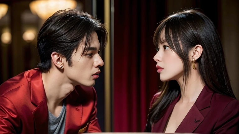 profile , 1 girl and 1 boy is battle at trump, in casino, tramp game is porker, glare at each other, 1 mature female Japanese girl ,(Brown hair, middle hair, fringe, serious, Red dress, gold reckless, earring ) , 1 boy is Chinese cutey boy, 20 age-old, (black hair, morning suit, suit fission ) , ((masterpiece, Highest quality, masterpiece, God-like quality, Godly art, Very realistic))
