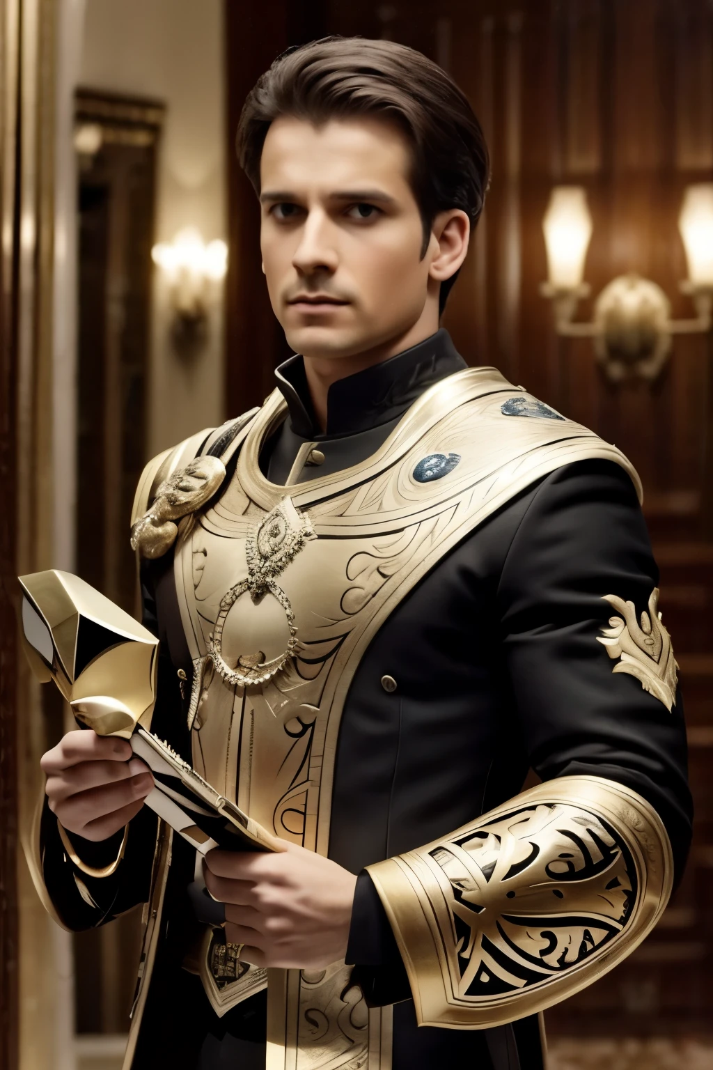He holds a white and gold shield in his hand