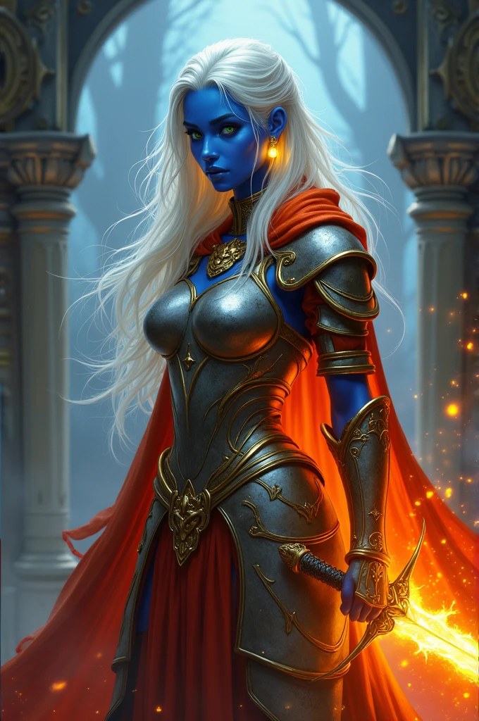 fantasy art, dnd art, RPG art, drkfntasy wide shot, (masterpiece: 1.4) portrait, intense details, highly detailed, photorealistic, best quality, highres, glowing particle portrait a vedalken female (fantasy art, Masterpiece, best quality: 1.3) (blue skin: 1.5), intense details facial details, exquisite beauty, (fantasy art, Masterpiece, best quality)cleric, (blue colored skin: 1.5) blue skinned female, (white hair: 1.3), long hair, intense green eye, fantasy art, Masterpiece, best quality) armed a fiery sword red fire, wearing heavy (white: 1.3) half plate mail armor CM-Beautiful_armor wearing high heeled laced boots, wearing an(orange :1.3) cloak, wearing glowing holy symbol GLOWING EARRINGS, within fantasy temple background, reflection light, high details, best quality, 16k, [ultra detailed], masterpiece, best quality, (extremely detailed), close up, ultra wide shot, photorealistic, RAW, fantasy art, dnd art, fantasy art, realistic art,