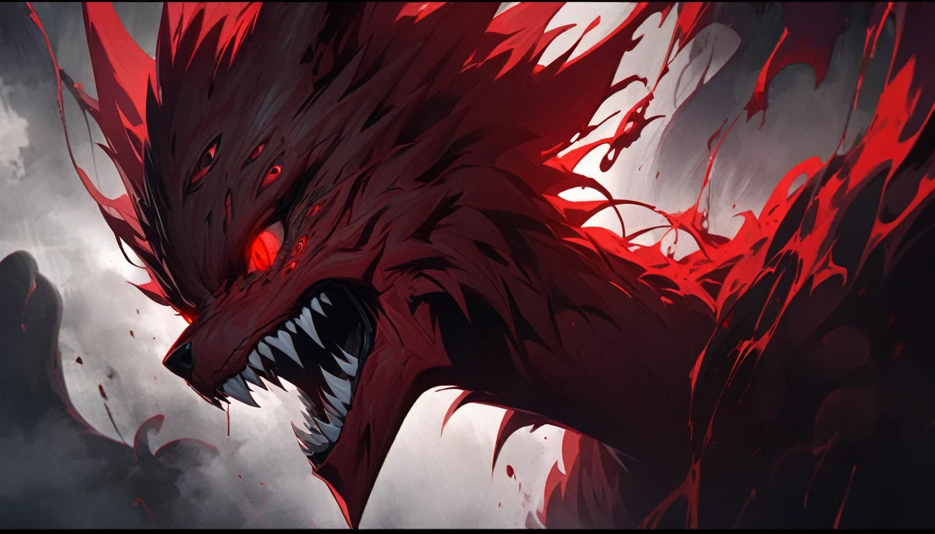 (best quality, 4K, high resolution, masterpart: 1.2), ultra detail,grotrsco wolf covered in red eyes. medium: oil painting, horror, night scene, dark atmosphere, sinister shadows, glaring red eyes, powerful presence, sharp teeth, raw fur, full moonlight, ominous mood, strange silhouette, supernatural presence, dense fog, ancient runes, whispering winds, mysterious atmosphere, untameable nature, sinister energy, suspense, terrible creatures, hint of danger, grotesque transformation, unleashing chaos and power, wickedly beautiful. score_9, score_8_up, score_7_up, source_anime wolf covered in eyes, eyes, red eyes, liquid, ((extra eyes)), dynamic, spooky smile, tentacled hair with red eyes, cel shading, red theme,(no humans),de perfil