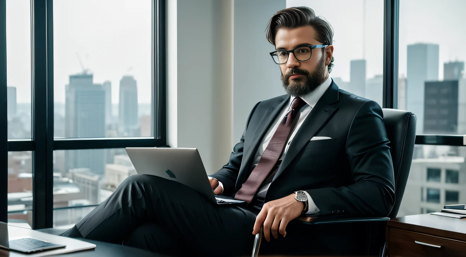 professional photoshoot ideas, professional portrait captures the essence of a successful businessman seated at his desk in a modern office setting. The man, with his well-groomed beard and mustache, dark neatly styled hair, and thin metal frame glasses, exudes confidence and sophistication. Dressed in a dark suit paired with a white dress shirt, a maroon tie, and a white pocket square, he epitomizes the professional and business-like atmosphere of the scene. In front of him sits an open silver Apple laptop, symbolizing modernity and technological savvy. The background features large windows revealing a stunning cityscape with tall buildings, adding a dynamic and urban touch to the overall composition. This image perfectly conveys professionalism, elegance, and the high-paced environment of a contemporary business setting,