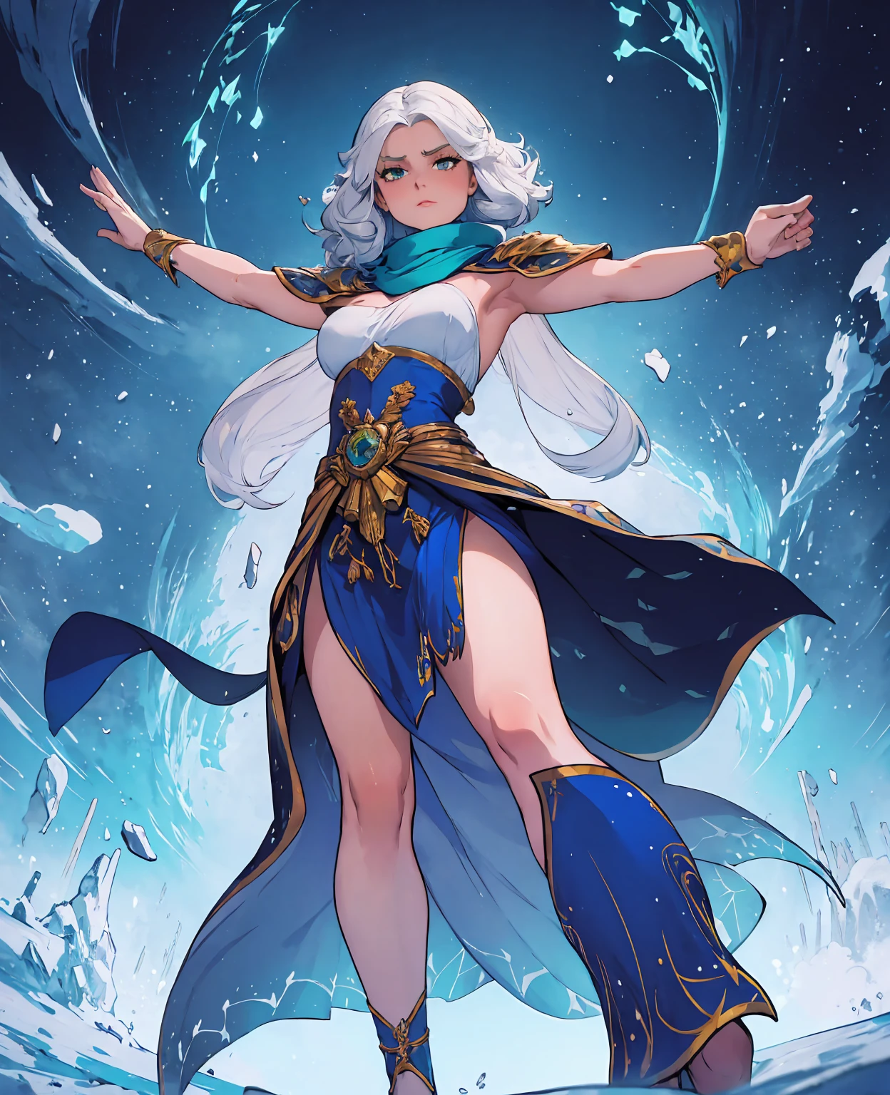 Masterpiece, best quality, realistic, (1 girl: 1.3), blue gold white clothes, shawl long hair, jump, leap, dance, green gold white clothes, long skirt, long scarf, flowing, light armor, snow white skin, bare shoulders, full body, (from below:1.5), martial arts, dynamics, flames, particles