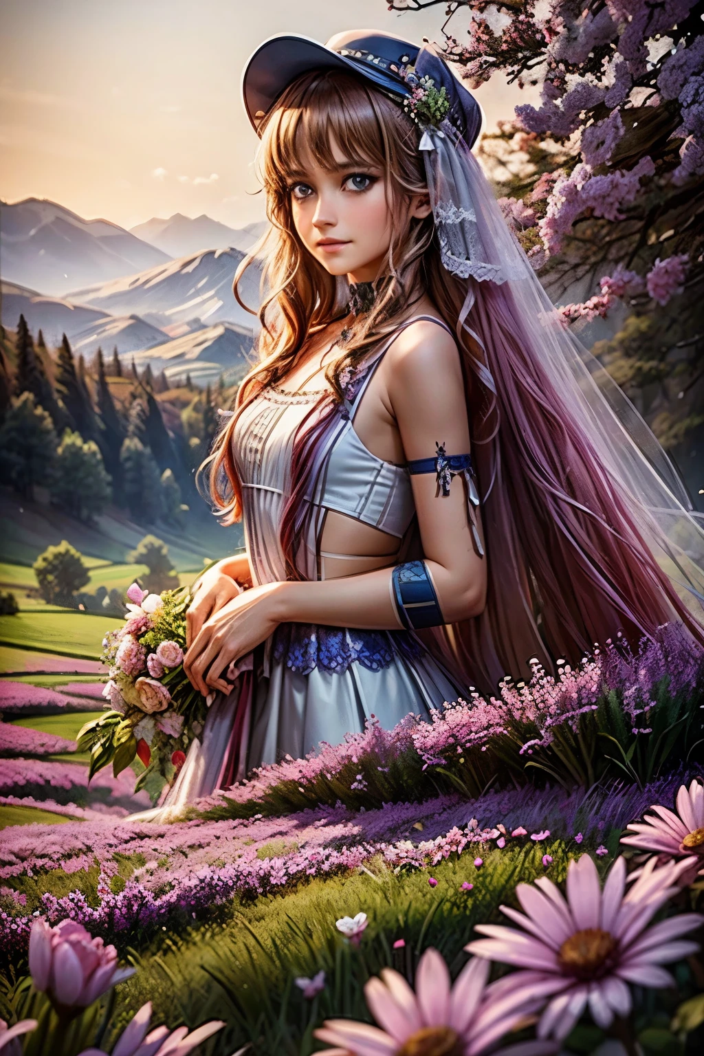 Prompt: masterpiece, best quality, ultra-detailed, 1girl, detailed water, long hair, corkscrew curls, red hair, light grey eyes, (close-up), Medium view, medium shot, depth of field, bust, upper body, cinematic angle, masterpiece, best quality, super detailed, CG, 8K wallpaper, beautiful face, delicate eyes, a maiden, solo, smile, bangs, skirt, shirt, hat, dress, bow, petals, bouquet
, maple trees, everywhere mistletoe, gorgeous, maple and spruce trees, cherry, cherry tree, smile, view from front, wolf ears, snowy background, science fiction, multiple tails, Tall evergreens stand tall and proud, their branches weighed down by heavy snow, volumetric lighting AND masterpiece, best quality, high quality, extremely detailed CG unity 8k wallpaper A vibrant spring landscape, bursting with new life and color. Rolling hills are covered with a carpet of green, dotted with delicate wildflowers in shades of pink, purple, and yellow, volumetric lighting