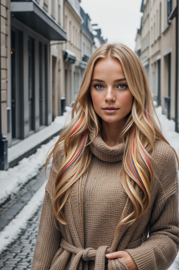 (nsfw) proFessional portrait photograph oF a gorgeous naked Norwegian girl in winter clothing with long wavy blonde hair, sultry Flirty look, gorgeous symmetrical Face, joli maquillage naturel, wearing nothing, ((debout dehors dans une rue enneigée de la ville)), superbe environnement urbain moderne, ultra réaliste, art conceptuel, élégant, très détaillé, complexe, sharp Focus, depth oF Field, F/1. 8, 85mm, Coup moyen, plan médian, (((proFessionally color graded))), bright soFt diFFused light, (volumetric Fog), tendance sur Instagram, hdr 4k, 8k