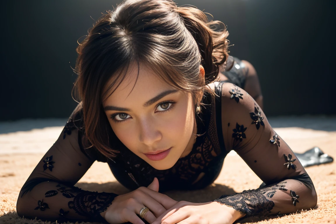 ((Masterpiece)), ((highest resolution)), a beautiful brunette, ((detailed skin texture)), ((high detail face)), seductive smile, (partially transparent colorful lacy high detail plunging bodycon bodysuit), (realistic photo), (best quality), (very high detail), shot on a Canon EOS R5, 50mm lens, F/2.8, HDR, (8k), (wallpaper), (cinematic lighting), (dramatic lighting), (sharp focus), (intricate details), RAW photo, posing for camera, 8k uhd, high quality, film grain, by Craig Morey, crawling on all fours