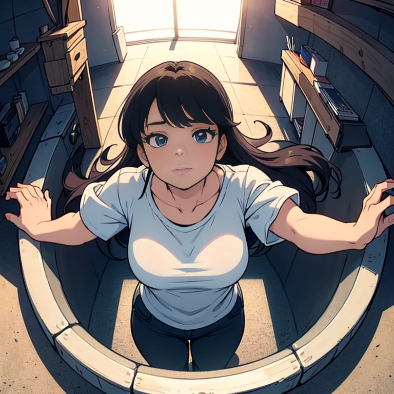 A long hair woman in a white T-shirt looks up at an angle, shielding herself from the dazzling sunlight with her hands. The composition is one looking down on her from above, こちらを見る,