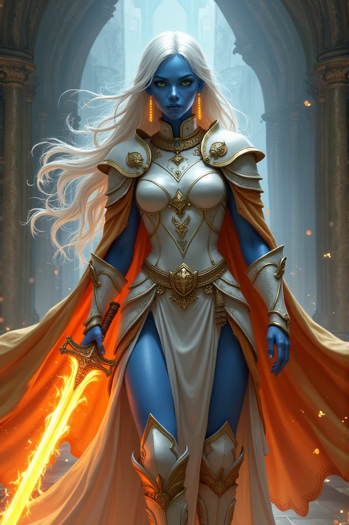 fantasy art, dnd art, RPG art, drkfntasy wide shot, (masterpiece: 1.4) portrait, intense details, highly detailed, photorealistic, best quality, highres, glowing particle portrait a vedalken female (fantasy art, Masterpiece, best quality: 1.3) (blue skin: 1.5), intense details facial details, exquisite beauty, (fantasy art, Masterpiece, best quality)cleric, (blue colored skin: 1.5) blue skinned female, (white hair: 1.3), long hair, intense green eye, (fantasy art, Masterpiece, best quality), (((no ears: 1.5))), armed a fiery sword red fire, wearing heavy (white: 1.3) half plate mail armor CM-Beautiful_armor wearing high heeled laced boots, wearing an(orange :1.3) cloak, wearing glowing holy symbol GLOWING EARRINGS, within fantasy temple background, reflection light, high details, best quality, 16k, [ultra detailed], masterpiece, best quality, (extremely detailed), close up, ultra wide shot, photorealistic, RAW, fantasy art, dnd art, fantasy art, realistic art, 