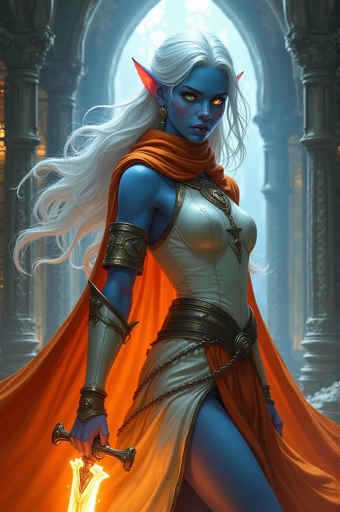 fantasy art, dnd art, RPG art, drkfntasy wide shot, (masterpiece: 1.4) portrait, intense details, highly detailed, photorealistic, best quality, highres, glowing particle portrait a vedalken female (fantasy art, Masterpiece, best quality: 1.3) (blue skin: 1.5), intense details facial details, exquisite beauty, (fantasy art, Masterpiece, best quality)cleric, (blue colored skin: 1.5) blue skinned female, (white hair: 1.3), long hair, intense green eye, (fantasy art, Masterpiece, best quality), (((no ears: 1.5))), armed a fiery sword red fire, wearing heavy (white: 1.3) half plate mail armor CM-Beautiful_armor wearing high heeled laced boots, wearing an(orange :1.3) cloak, wearing glowing holy symbol GLOWING EARRINGS, within fantasy temple background, reflection light, high details, best quality, 16k, [ultra detailed], masterpiece, best quality, (extremely detailed), close up, ultra wide shot, photorealistic, RAW, fantasy art, dnd art, fantasy art, realistic art, 