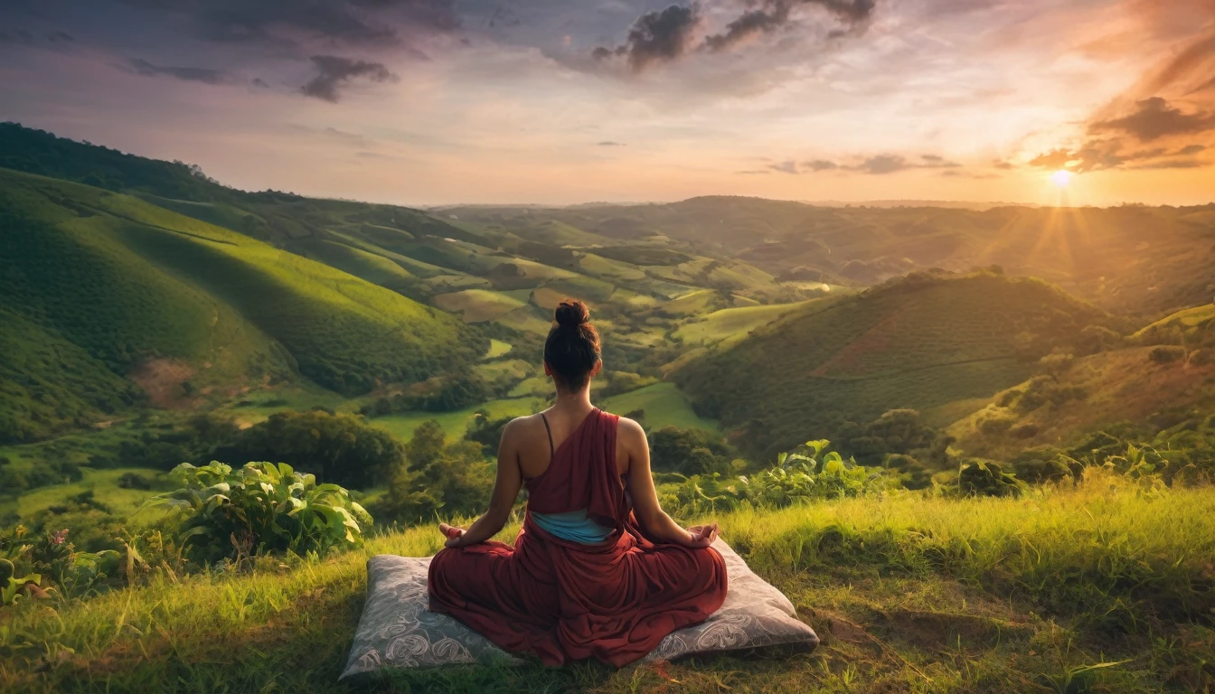 Person meditating. Loose Clothes. grande e belo landscape de um vale florido. Fantastic world. Feeling of contemplation. Symbols of nature. strong and vibrant colors. cinematic lighting.