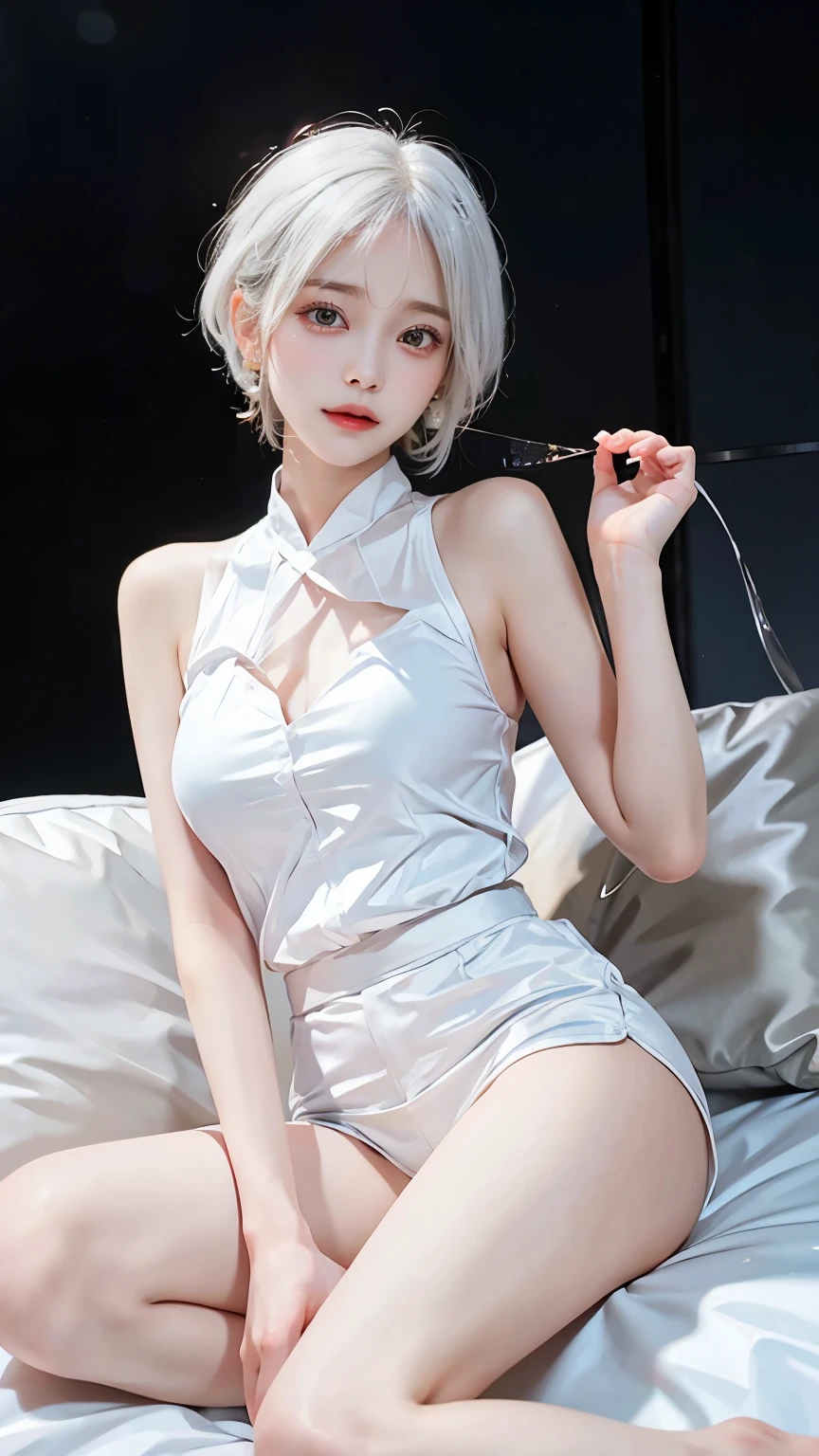 maidennurse、Bare-skinned maiden、(long eyelashes),Lie face up、Hands chained、（Off-shoulder translucent wet white blouse)、(Loose red tie)、((Translucent wet white panties)),Wet silver-white hair、(blue eyess)、(she is soaking wet),((Panty Shot Mini Skirt)),((erection)),