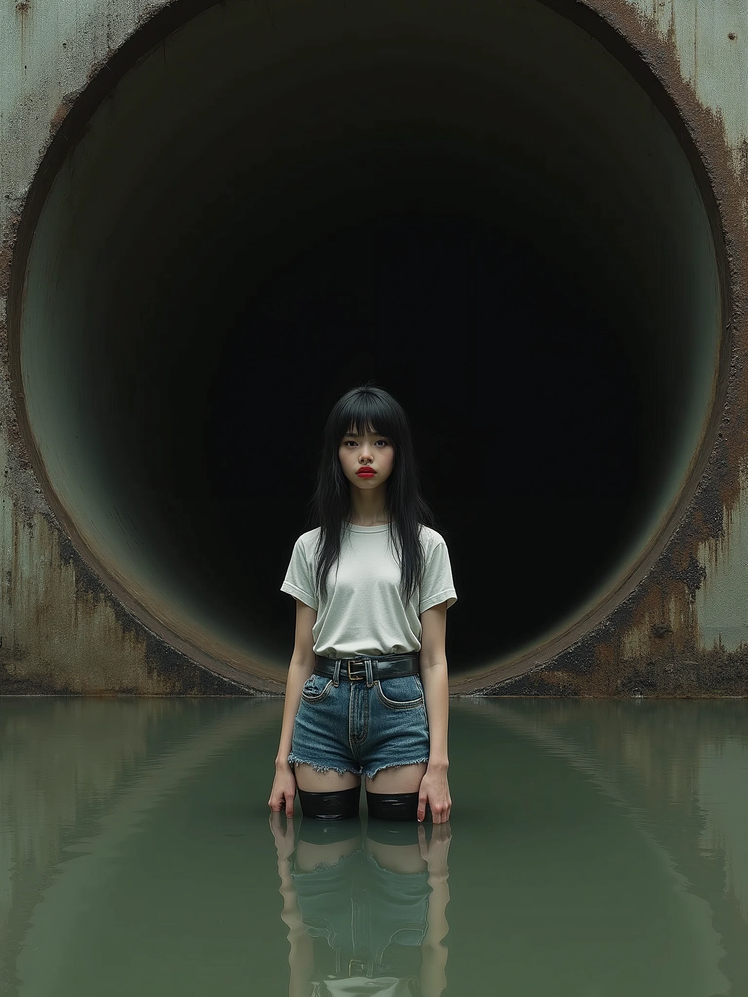 masterpiece, sensation:1.0, attention-grabbing:1.2, void background, teen-age girl,t-shirt, black latex stockings, cut-off jeans shorts, mud bog sinking, void background, red lips, inside waste water pipe