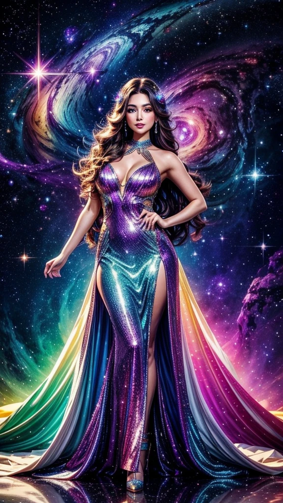 full body image, solo beautiful American Caucasian brunette bombshell, very long curled hair, perfect face, fair white skin, glittery movie star makeup, wearing a long flowing dress of colors of a vibrant galaxy and bold nebula, goddess of the galaxy, magical, vibrant nebula colors, in a gorgeous, colorful, vibrant space setting, the atmosphere is magical and full of colorful sparkles