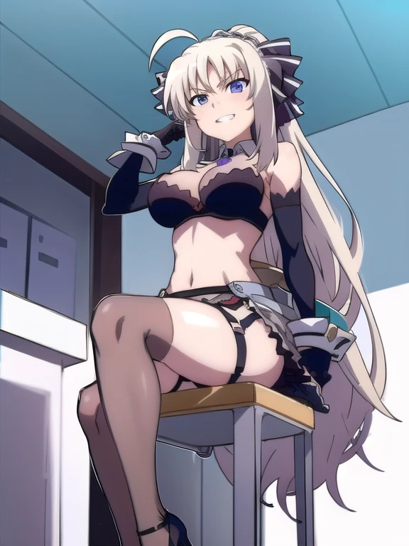 prison, concrete wall, concrete floor, ((bare shoulders)), ((black bustier)), ((black stockings)), ((black g-string)), ((black high heels)), ((black garter belt)), ((black elbow gloves)), ((chair)), ((female sitting in a chair)), ((evil grin)), (((((from below))))), looking at viewer, ass pov, ((((looking down)))), ((stare at viewer with stern eyes)),
One girl, Long Hair, Purple eyes, chest, Ahoge, very Long Hair, large breasts, ribbon, hair ribbon, ponytail, bangs,