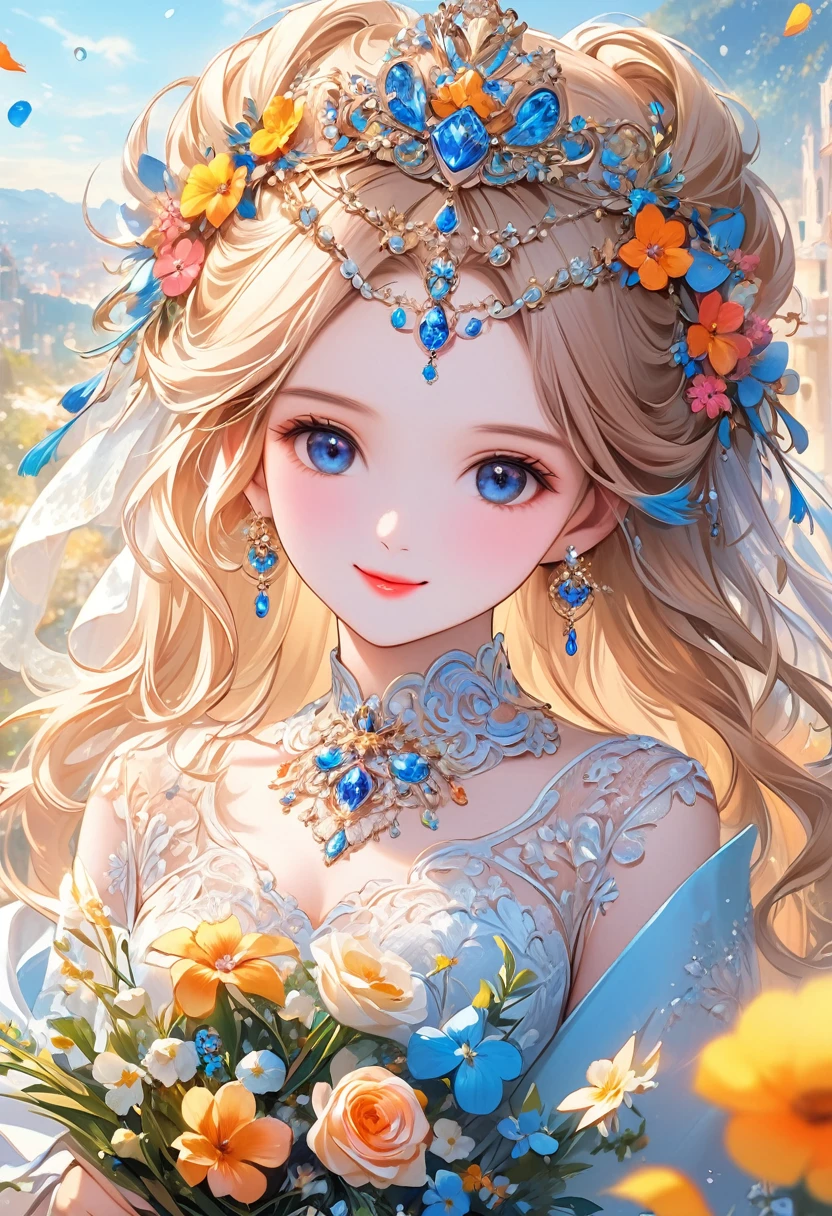 (masterpiece), (Highest quality), figure, Super detailed, High resolution, Depth of written boundary, (colorful), ,change,This is a masterpiece that exudes exceptional quality. The figure is ultra-detailed, Utilizing HDR technology to create a sense of depth. The subject is original, delicate, Beautiful artwork, Packed with colorful and fantastical elements. A calm and dreamy atmosphere、It gives the whole scene a soulful and enchanting feel.。. Her bright complexion, Sparkling Blue Eyes, Her beige hair adorned with flowers creates a captivating portrait.. She is wearing a gorgeous wedding dress, Smile, Circular Options, Beige permed hair、