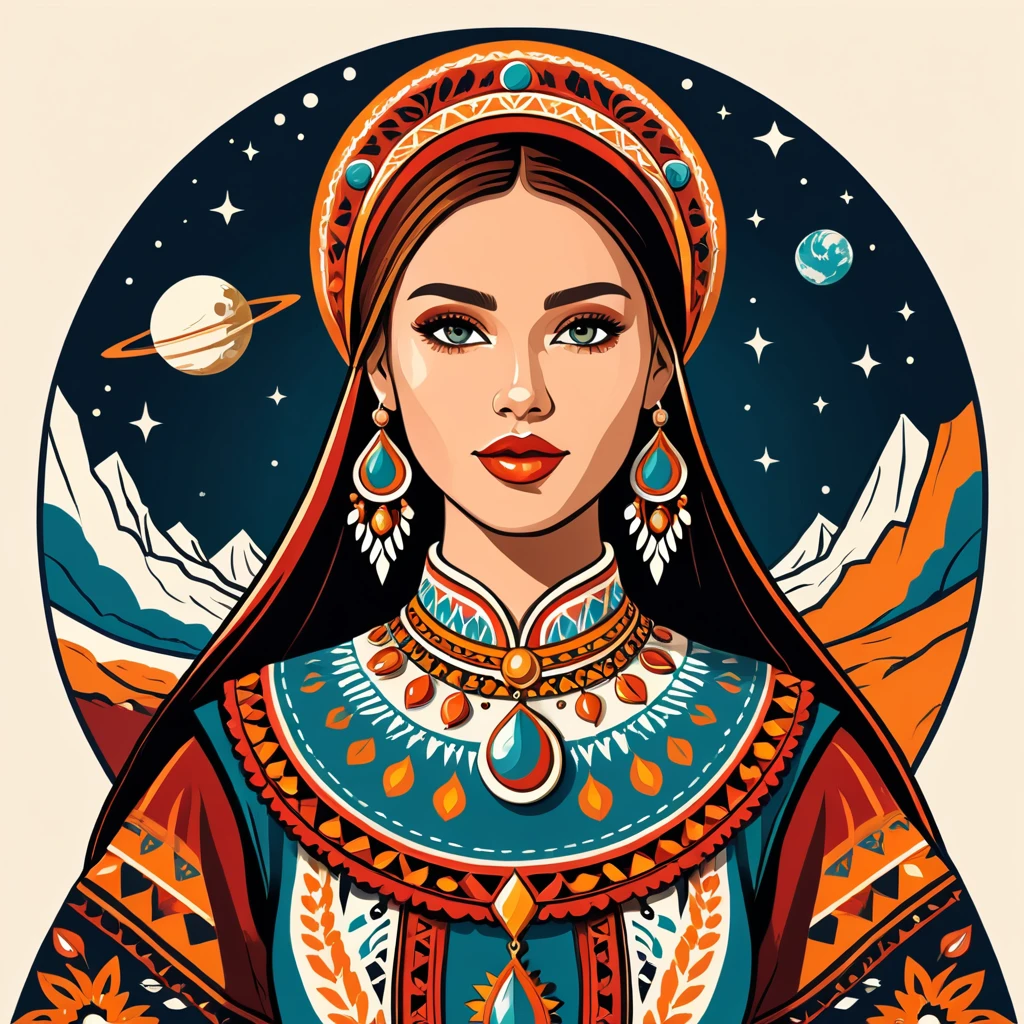 woman in antoher planet folk outfit, vector graphics, strong contours