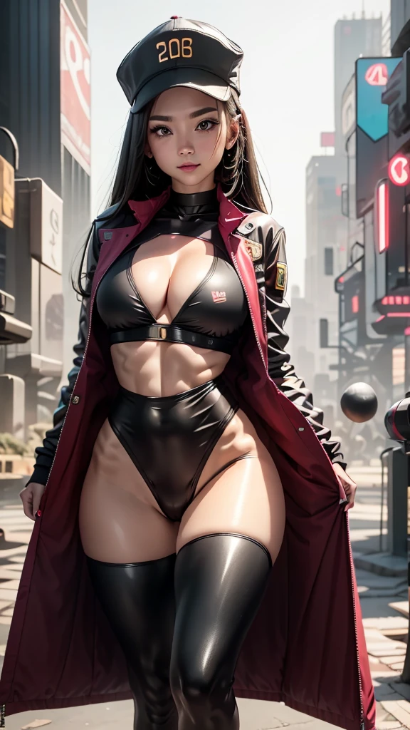 1 girl, smile face, masterpiece, high quality, best quality, ((Cyberpunk)), bodysuit, cleavage, coat, hat, ((small chest)), ((small breasts)), fit body, slim body, outdoor, city, night, bottomheavy, thick thighs, massive thighs, cowboy view