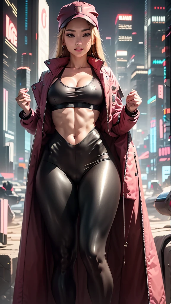 1 girl, smile face, masterpiece, high quality, best quality, ((Cyberpunk)), bodysuit, cleavage, coat, hat, ((small chest)), ((small breasts)), fit body, slim body, outdoor, city, night, bottomheavy, thick thighs, massive thighs, cowboy view