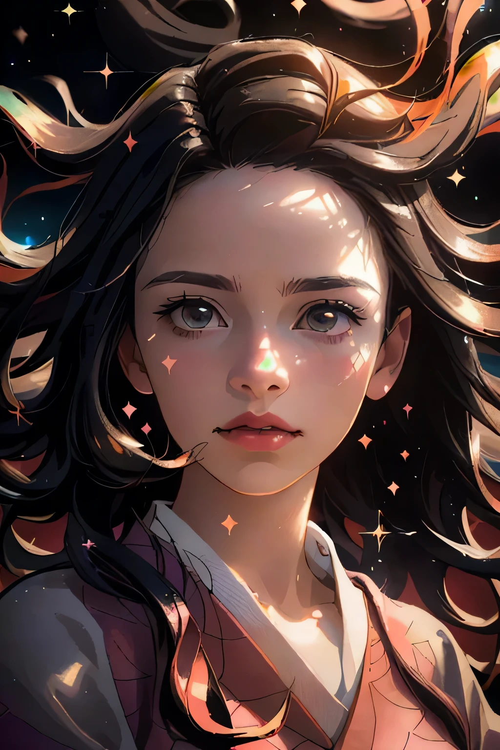 A beautiful detailed portrait of Nezuko Kamado, a young girl from the anime series Demon Slayer, floating in a dramatic cosmic space scene, with iridescent effects, colorful sparkling particles, and chiaroscuro lighting creating an evocative depth and atmosphere, masterpiece, (best quality,4k,8k,highres,masterpiece:1.2),ultra-detailed,(realistic,photorealistic,photo-realistic:1.37),1girl, iridescence, dramatic angle, space, (floating colorful sparkles:1.3), Dramatic Lighting, Chiaroscuro, Evocative Depth, portrait