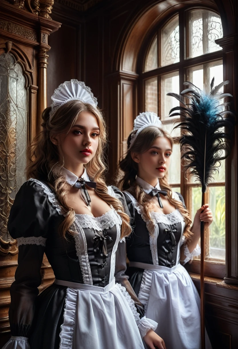 2girls, Maid Outfit, a beautiful maid with long flowing hair, detailed eyes, detailed lips, extremely detailed face, long eyelashes, intricate maid uniform with lace and ribbons, holding a feather duster, standing in a luxurious victorian-style room, window light, dramatic lighting, cinematic composition, highly detailed, photorealistic, 8k, masterpiece