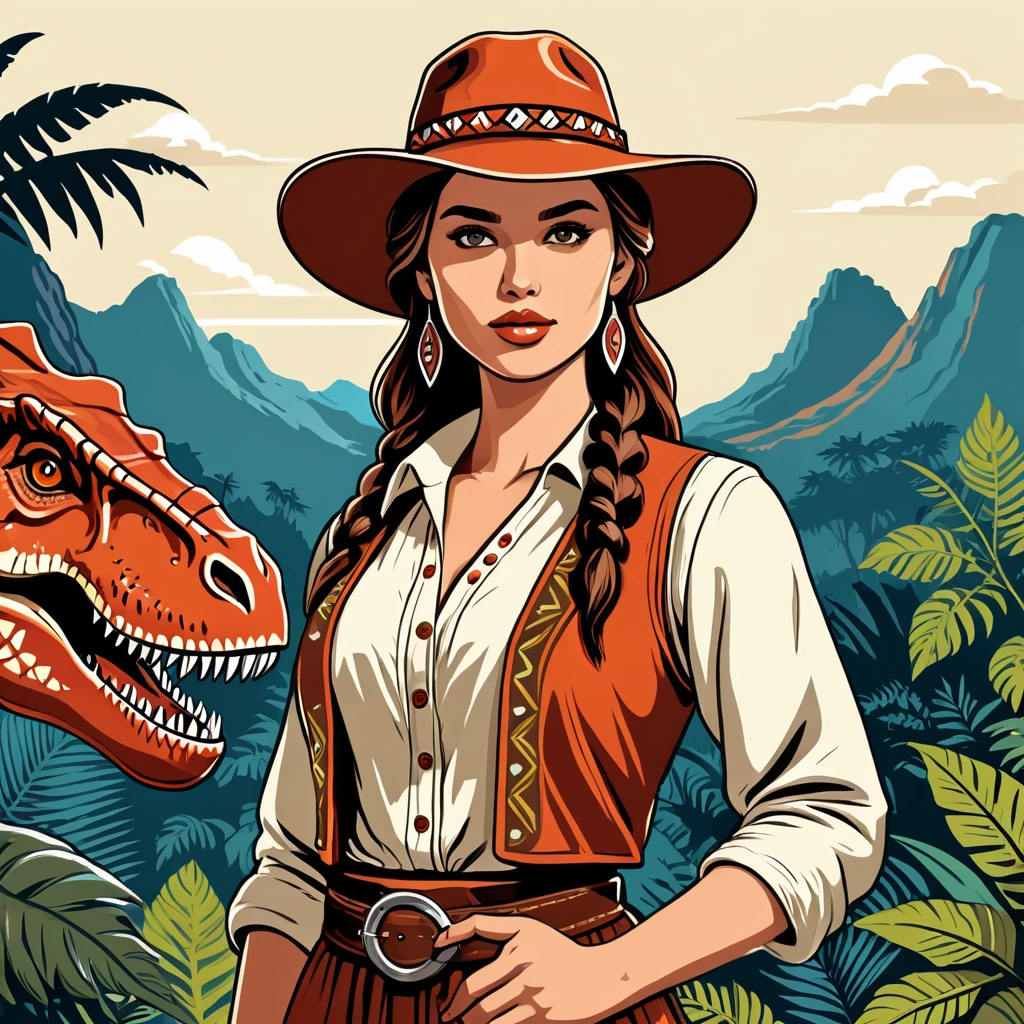 woman in jurassic folk outfit, vector graphics, strong contours