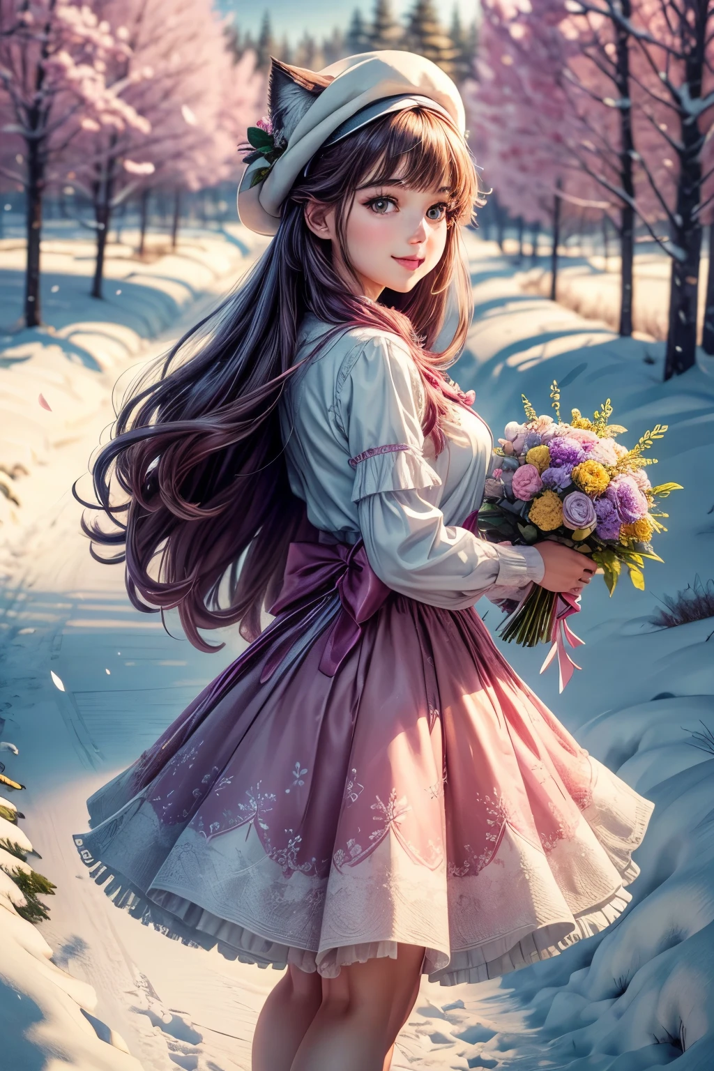  CG, 8K wallpaper, beautiful face, delicate eyes, a maiden, solo, smile, bangs, skirt, shirt, hat, dress, bow, petals, bouquet , maple trees, everywhere mistletoe, gorgeous, maple and spruce trees, cherry, cherry tree, smile, view from front, wolf ears, snowy background,  Tall evergreens stand tall and proud, their branches weighed down by heavy snow,  high quality, extremely detailed CG unity 8k wallpaper A vibrant spring landscape, bursting with new life and color. Rolling hills are covered with a carpet of green, dotted with delicate wildflowers in shades of pink, purple, and yellow, volumetric lighting
