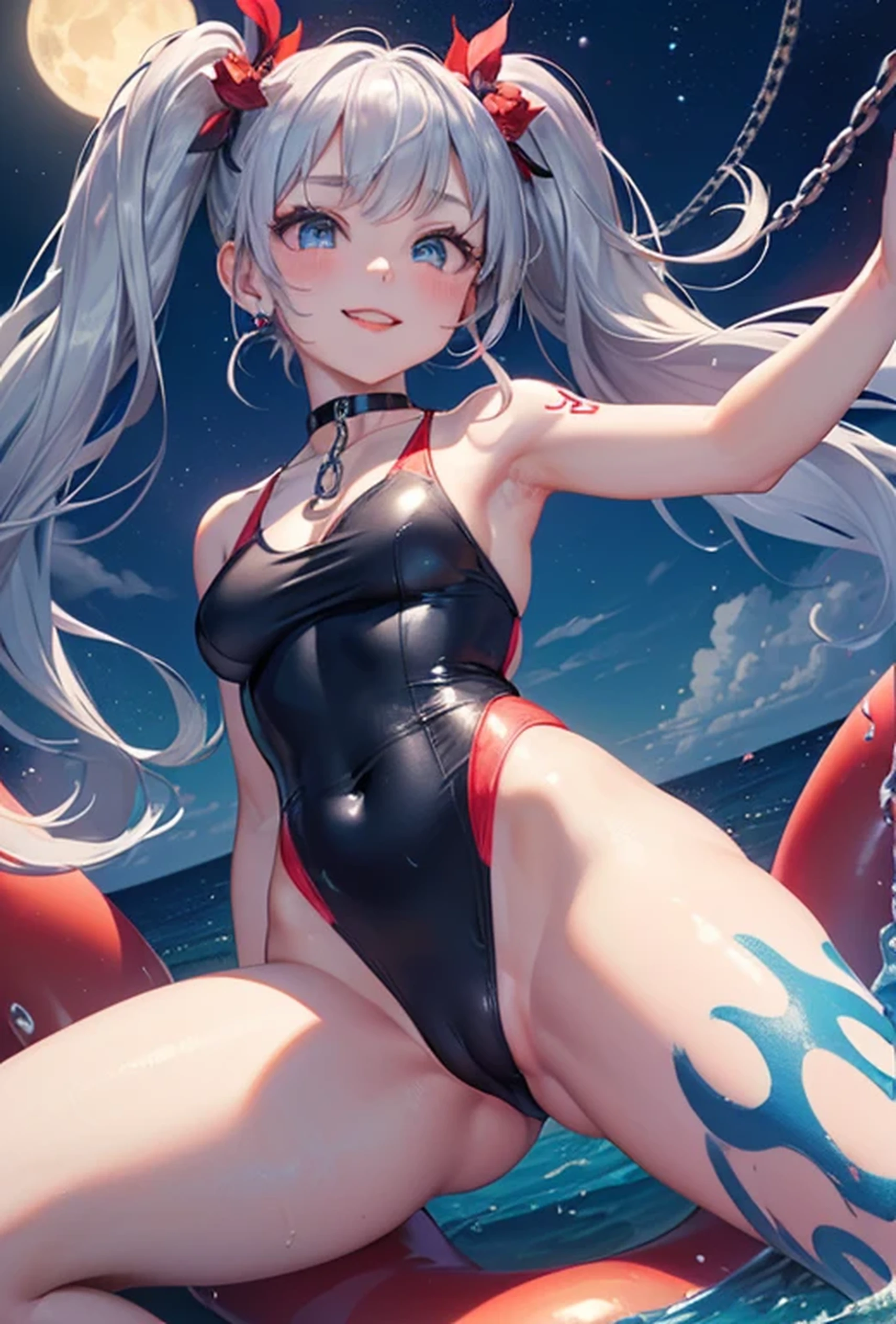 (Super detailed、Ultra-high resolution、8K masterpiece、Vibrant colors)、((Flat Color))、((Floating water))、Night Coast、Colorful Light、 A woman in a sexy swimsuit、(Angle from below)、(Silver chain body jewelry)、Jump、Spread your legs、Random Sexy Poses、 ((body paint、Pop tattoo on thigh))、Big Breasts、 (Tight swimsuit、choker)、cameltoe、Beautiful hip line、Butt、 (Twin tails、Red, vermilion, blue and silver hair、hair ornaments)、Beautiful blue eyes、Beautiful red lip、(fun、smile)、TWICE's Tzuyu' on pause