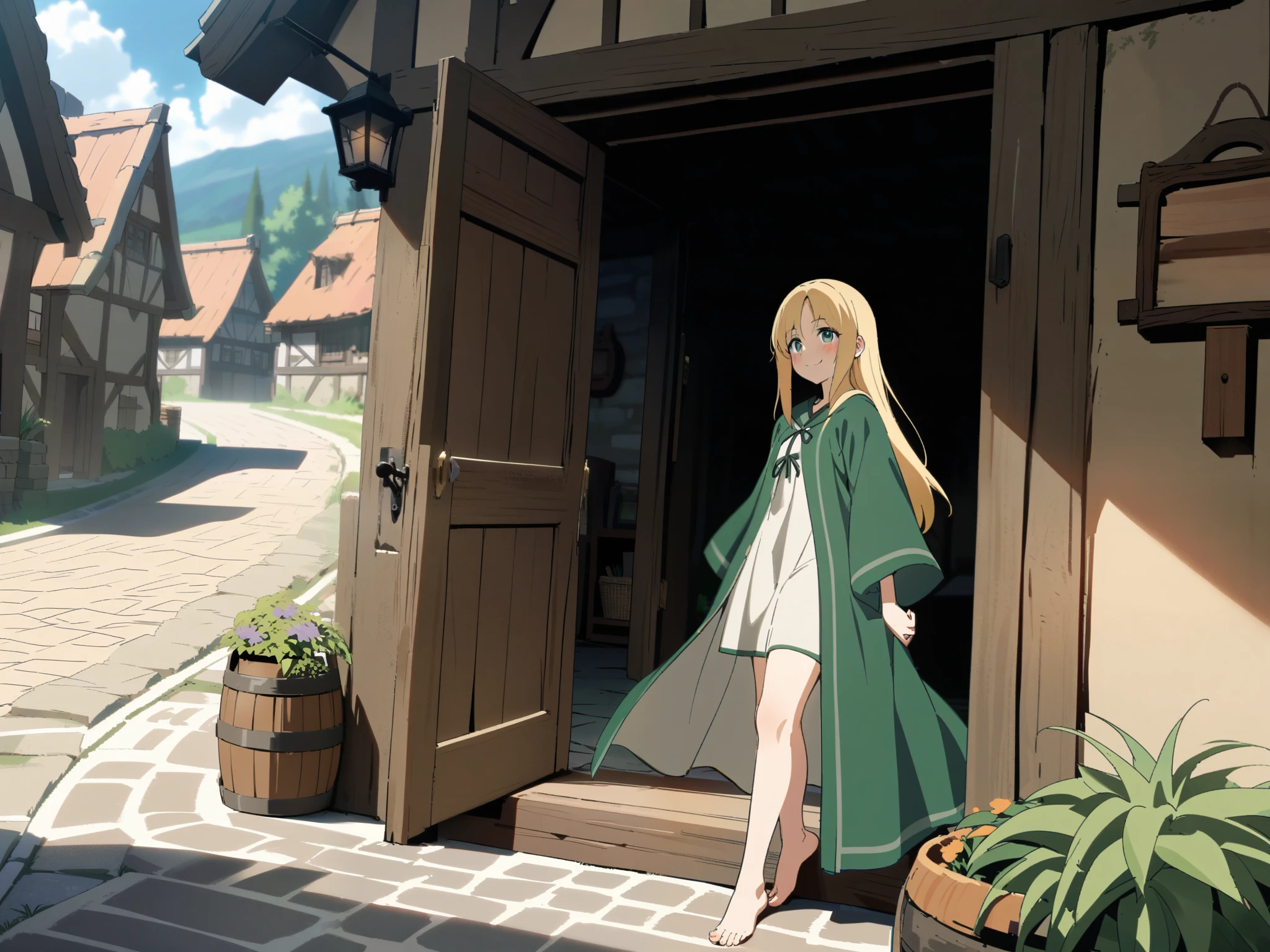 Best Quality, High Details, Accurate,
{{full body shot, dynamic angle, female focus}} {{Artist: Sincos}} female, Girl 1: cute, smile, beautiful, blonde hair, long, straight hair, bangs, green emerald eyes, wearing long green mage robe, no shoes,barefeet, toes, seen opening the tavern doors, leaving. Outside: nature scene with trees and plants, village visible in the background, quaint medieval fantasy setting, cobblestone path leading away from the tavern, adventure