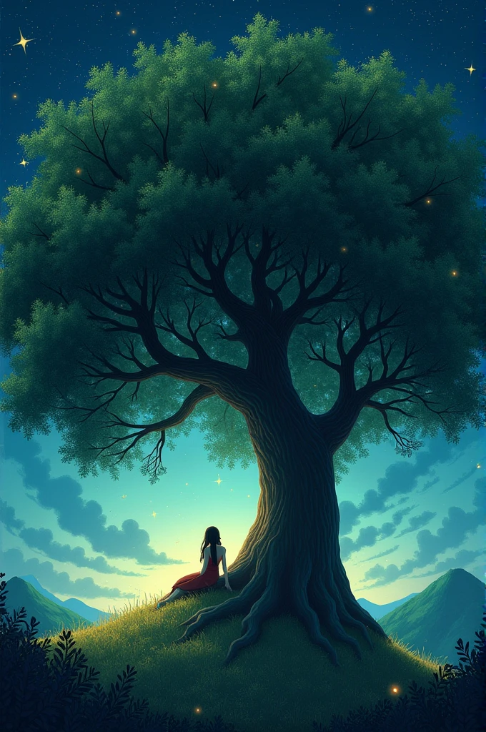Scene 3: The Dream Tree Description:
No centro do jardim, Haya comes across a large majestic tree with leaves that sparkle like stars.. The tree has low branches, perfect for resting. Haya sits on one of the branches, watching the stars that seem to dance in the night sky. The environment is peaceful and filled with soft light that creates a halo around the tree.. Little magical creatures fly around, adding a touch of enchantment to the scene.