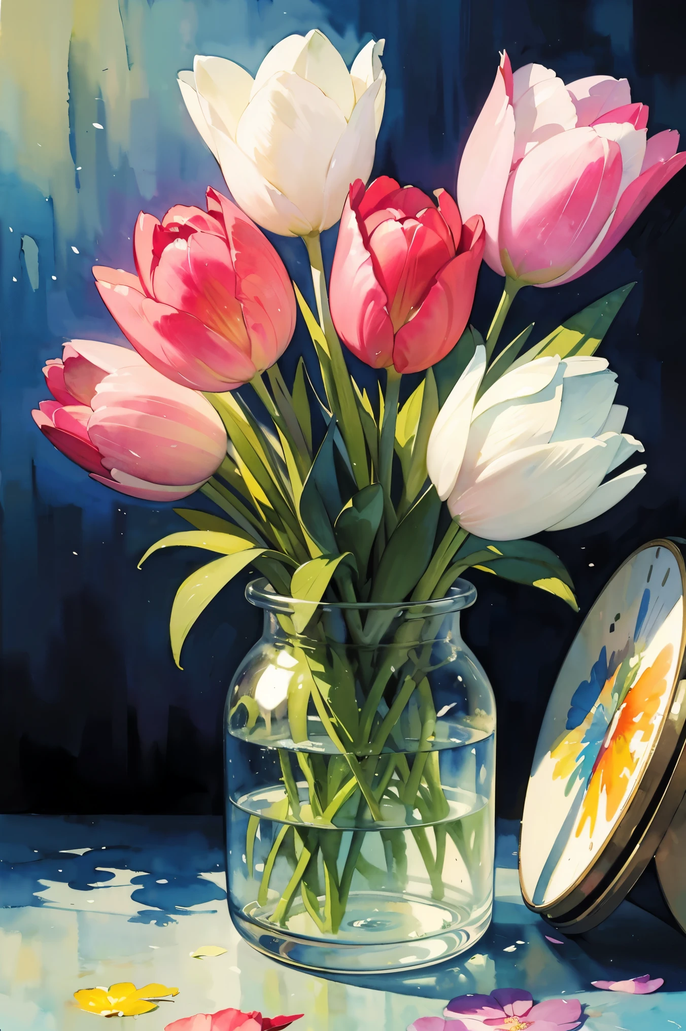 (Best quality, masterpieces), (watercolors paint, watercolor art:1.1), tulips, flat colors, detailed petals and leaves, bright colors, soft and mixed brushstrokes