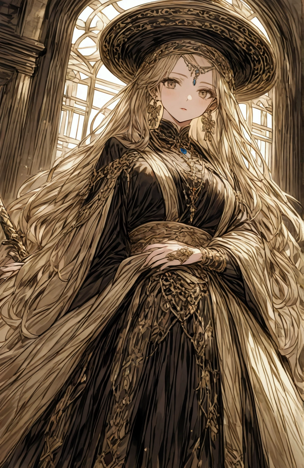 When we imagine this girl in traditional 18th century British clothing，She holds an elegant sword，Standing in an ancient and magnificent study，There is an exquisite globe placed in the corner of the study.。Here is her vivid image:：

She was wearing the traditional dress of an 18th century British aristocrat.，A gorgeous and textured robe。The robe is made of dark blue silk，Inlaid with exquisite gold fabric edges，It highlights her elegant figure。The chest of the robe is decorated with exquisite gold embroidery，Delicately depicting ancient patterns，Symbolizes her aristocratic status and noble bloodline。

She wore a wide silk belt around her waist.，The belt is decorated with golden patterns and jewels，It adds to the gorgeousness of her overall outfit.。On her arms she wore some delicate gold and silver bracelets，Flickering a faint light，Complements her outfit.。

Her hair was tied in an intricate bun，A nice hat is worn on his head，The hat is made of black flannel，The brim is inlaid with a circle of gold embroidery and small jewels。There is a dark blue ribbon tied next to the hat.，Falling softly behind her。

In her hands，Holding an ancient and exquisite long sword，The hilt is covered with exquisite silver ornaments，The scabbard is engraved with intricate patterns。She held the sword gracefully in her hand，Symbolizes her courage and determination。

The whole scene is full of the elegance and grace of the British aristocratic society in the 18th century.，The confidence and determination shown by the girl，With her holding a sword and looking at the globe，It forms a picture full of profound meaning and charm。