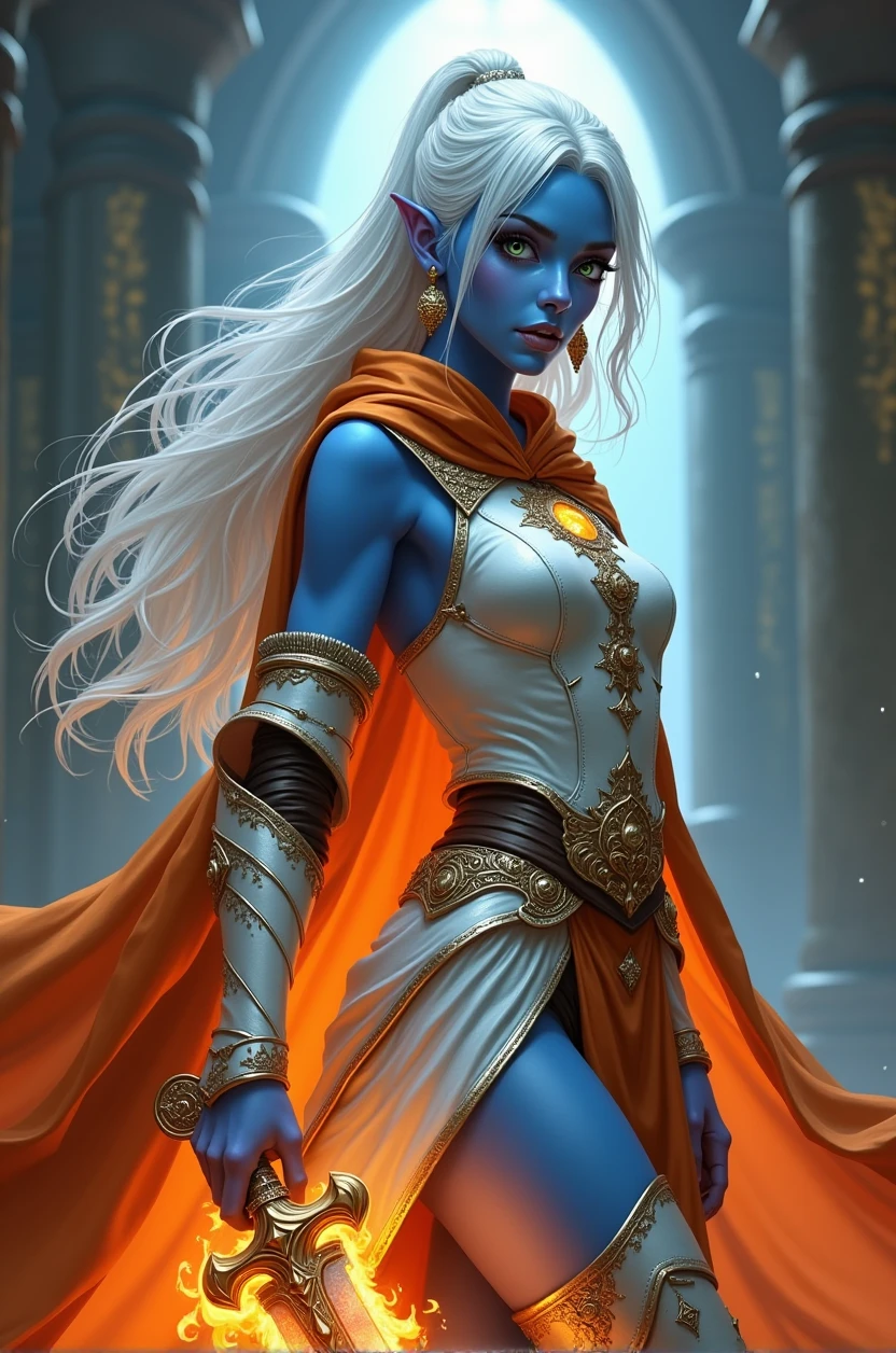 fantasy art, dnd art, RPG art, drkfntasy wide shot, (masterpiece: 1.4) portrait, intense details, highly detailed, photorealistic, best quality, highres, glowing particle portrait a vedalken female (fantasy art, Masterpiece, best quality: 1.3) (blue skin: 1.5), intense details facial details, exquisite beauty, (fantasy art, Masterpiece, best quality)cleric, (blue colored skin: 1.5) blue skinned female, (white hair: 1.3), long hair, intense green eye, (fantasy art, Masterpiece, best quality), (((no ears: 1.5))), armed a fiery sword red fire, wearing heavy (white: 1.3) half plate mail armor CM-Beautiful_armor wearing high heeled laced boots, wearing an(orange :1.3) cloak, wearing glowing holy symbol GLOWING EARRINGS, within fantasy temple background, reflection light, high details, best quality, 16k, [ultra detailed], masterpiece, best quality, (extremely detailed), close up, ultra wide shot, photorealistic, RAW, fantasy art, dnd art, fantasy art, realistic art, 
