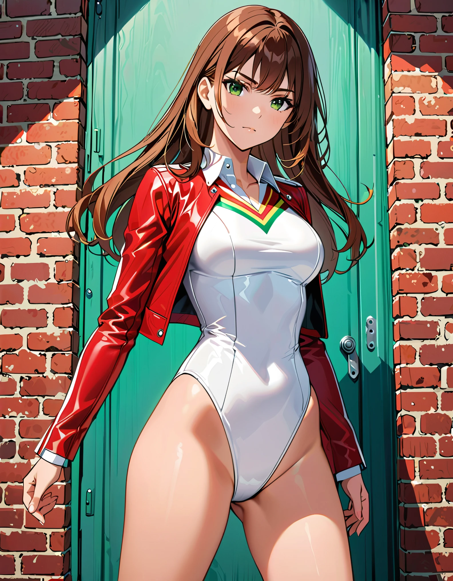 (masterpiece), (best quality), (high res), 1lady, tall body, beautiful detailed eyes, beautiful detailed face, serious, perfect hands, complete fingers, perfect anatomy, perfect proportions, ((brown hair, medium hair, hair down)), ((green eyes)), ((leotard, white leotard, matching leotard)), ((white dress collar, open collar)), ((bare legs)), ((boots, matching boots, ankle-high boots, red boots)), breasts, medium breasts, (close-up), looking at viewer, (solo, solo focus), standing, clenched fist, cowboy shot, brick wall, ((yellow upside-down chevron \(symbol\) on chest)), ((red leather jacket, open jacket)), full body costume design.