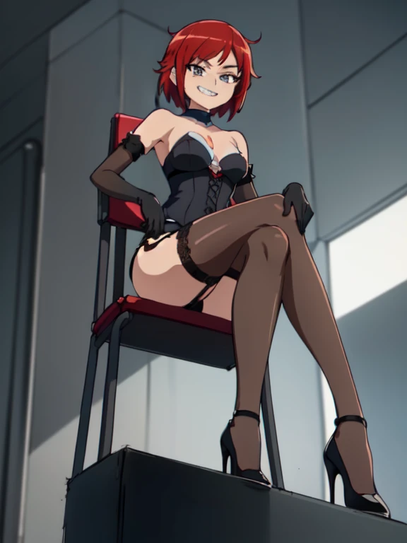 ((Highest quality)), ((masterpiece)), (detailed), prison, One girl, ((bare shoulders)), ((black bustier)), ((black stockings)), ((black g-string)), ((black high heels)), ((black garter belt)), ((black elbow gloves)), ((chair)), ((female sitting in a chair)),  ((evil grin)), (((((from below))))),   looking at viewer,  ass pov, ((((looking down)))),