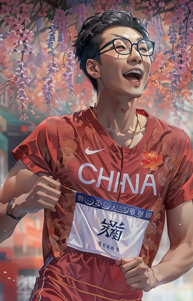 Asian man in red sports short-sleeved shirt and glasses running in Alafud, cai xukun, Inspired by Zou Yigui, Xue Han, Inspired by Ma Yuanyu, lu ji, su fu, wu liu, Yang Qi, sha xi, yuxiang chen, xiaoguang sun, li zixin, xision wu, Inspired by Zhang Shumin
