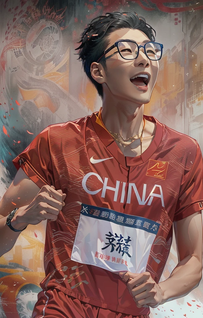 Asian man in red sports short-sleeved shirt and glasses running in Alafud, cai xukun, Inspired by Zou Yigui, Xue Han, Inspired by Ma Yuanyu, lu ji, su fu, wu liu, Yang Qi, sha xi, yuxiang chen, xiaoguang sun, li zixin, xision wu, Inspired by Zhang Shumin