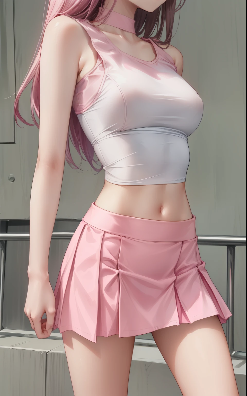 a close up of a woman in a pink skirt and white tank top, pink tight mini-skirt, pink mini-skirt, pink skirt, wearing tight simple clothes, wearing a cute top, tight outfit, wearing a tanktop and skirt, 2 4 year old female model, wearing crop top, wearing crop top and miniskirt, photo of slim girl