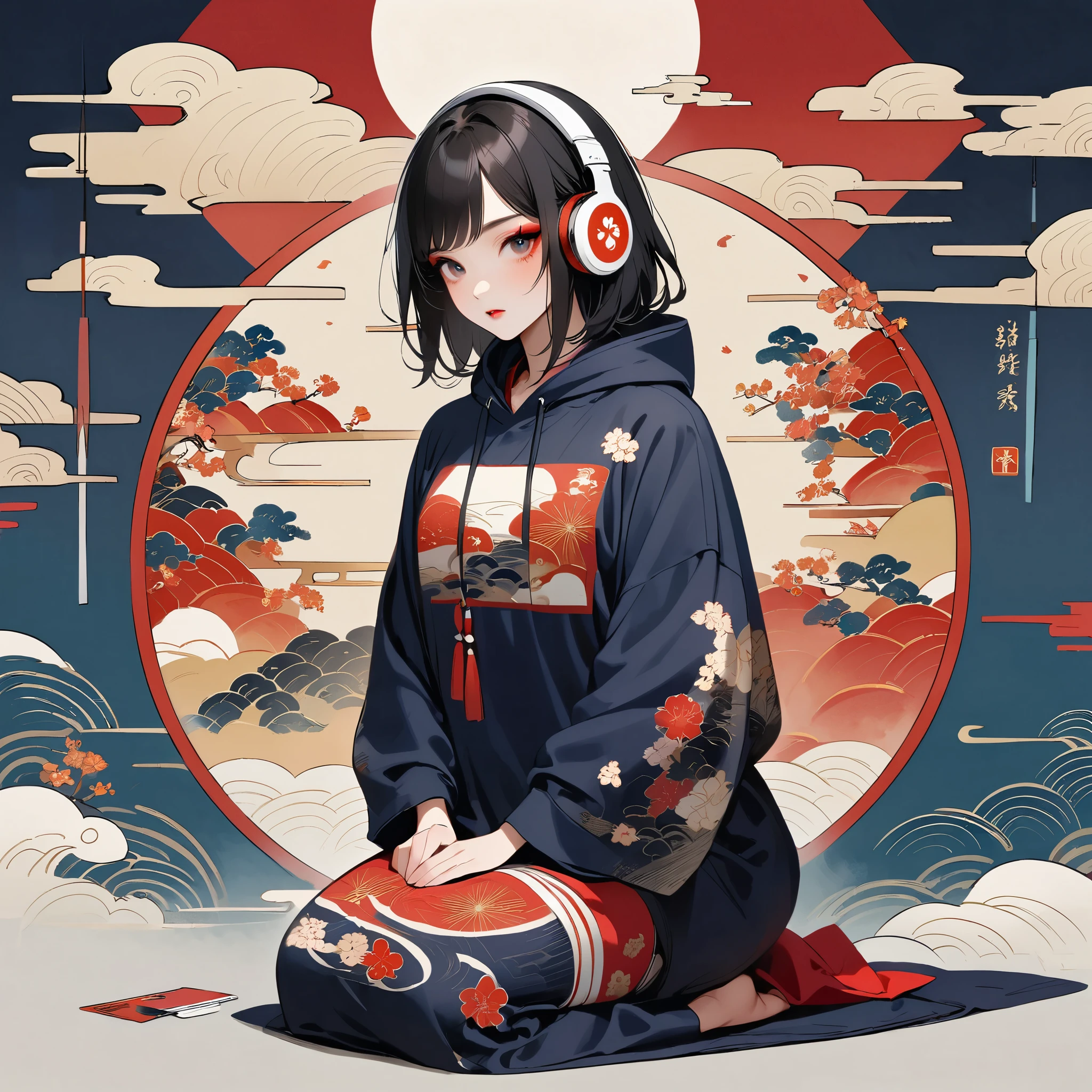 (((girl))), (((seiza))), (((whole body))), (((Flashy makeup))), (((Japanese style headphones))), (((Japanese pattern hoodie))), (((Wear a hood))), Japanpeopleの美少女, Black Hair, Bob, Delicate and precise, Modern ukiyo-e style,Japan, Japanese flag, Bright colors,1people,