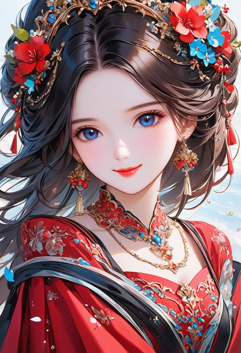 (masterpiece), (Highest quality), figure, Super detailed, High resolution, Depth of written boundary, (colorful), ,change,This is a masterpiece that exudes exceptional quality. The figure is ultra-detailed, Utilizing HDR technology to create a sense of depth. The subject is original, delicate, Beautiful artwork, Packed with colorful and fantastical elements. A calm and dreamy atmosphere、It gives the whole scene a soulful and enchanting feel.。. Her bright complexion, Sparkling Blue Eyes, Her dark hair adorned with flowers makes for a captivating portrait.. She is wearing a gorgeous red wedding dress., Smile, Circular Options, Black permed hair、