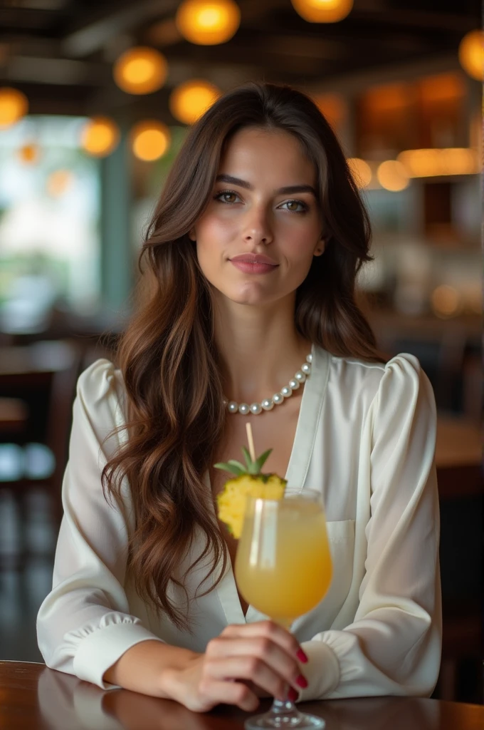 A young woman with long wavy hair sitting in a bar. She wears a white silk blouse and pearl necklace., holding a refreshing cocktail with a pineapple decoration. The atmosphere is elegant, with soft lighting and tables in the background.