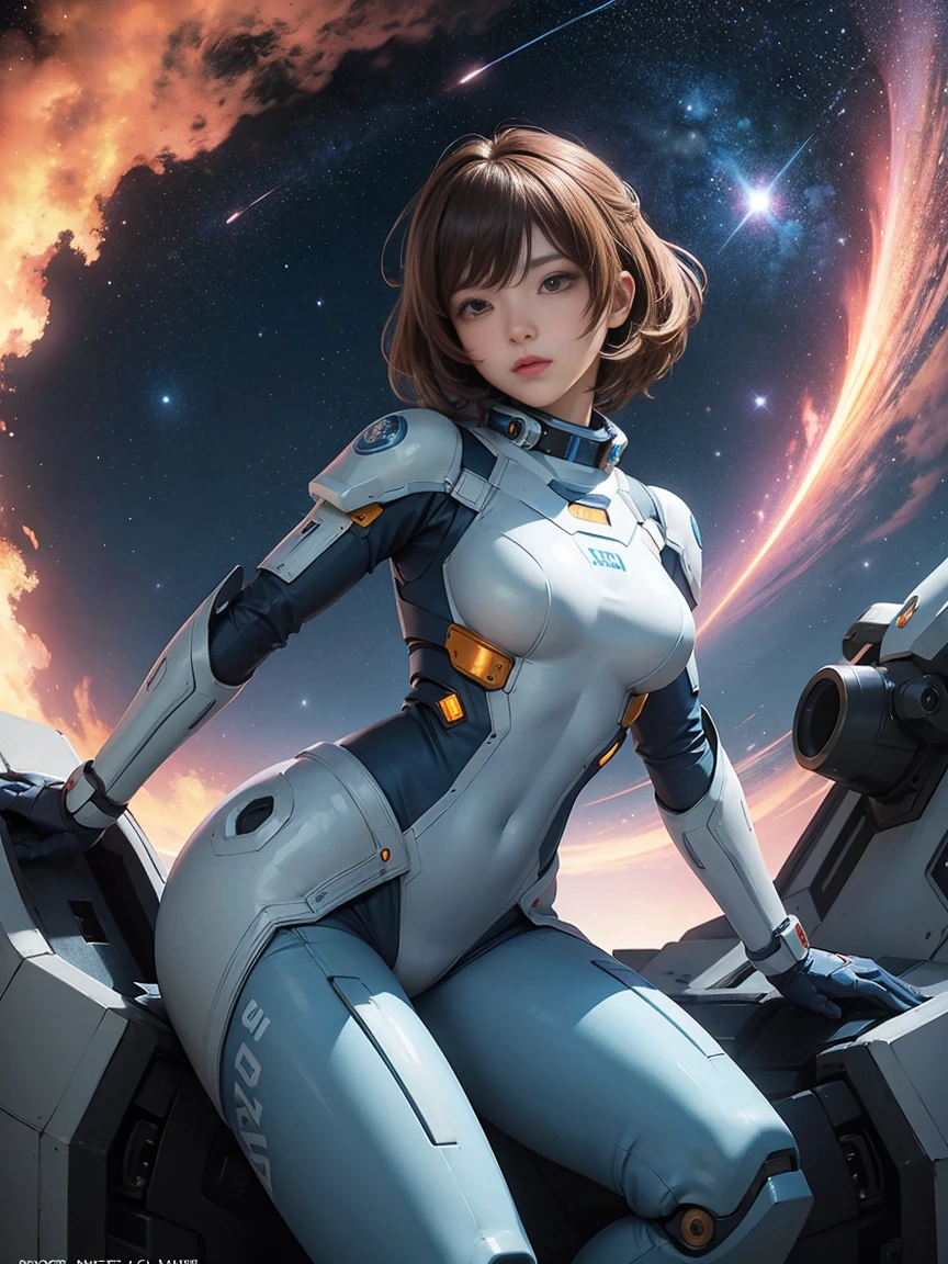 Anime sci-fi: Female astronaut in a blue-white mech suit, dynamic pose mid-space. Brown hair, determined expression. Earth's curved horizon below. Starry background, bright celestial bodies. Retro 90s anime style, vibrant colors. Low angle view, emphasizing heroic stance. Detailed mechanical joints, and armor segments. The title "Astro Waifu's" is visible. High-contrast lighting, cosmic glow. A blend of hand-drawn and digital art techniques.