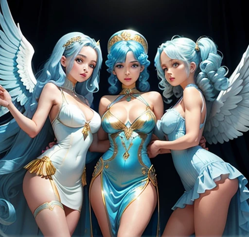 touching 3 angels wings on a cloud muscular body slim high waist medium breasts medium buttocks long bright blue hair light blue curlers with bright white dress with gold and silver tulle u neckline side slits and front