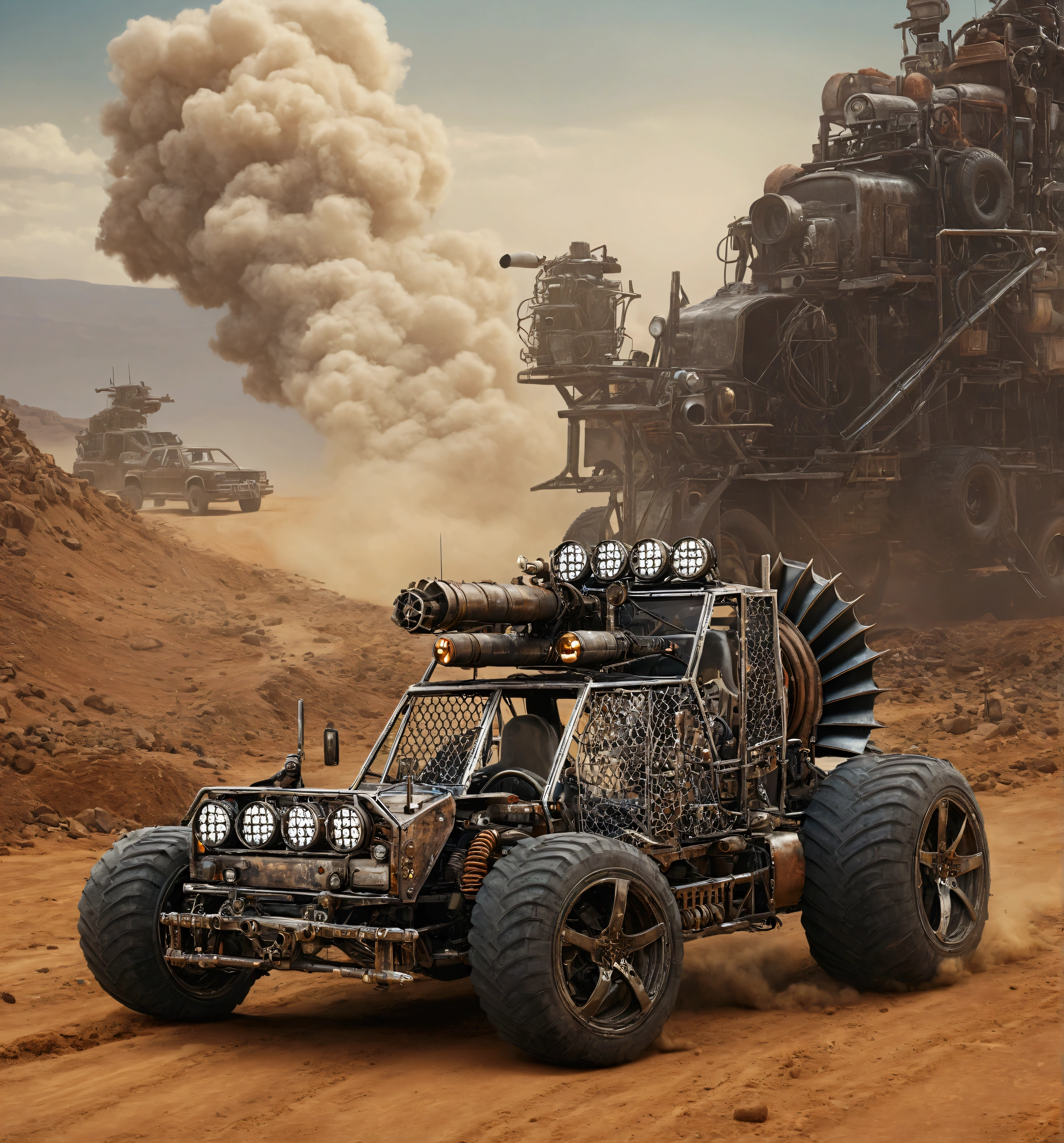 there is an heavy armed with machine guns and missiles truck with four wheels on a dirt road, octane engine render 8k hdr, 3 d octane render conceptart, in mad max style, greg rutkowski octane render, 3d rendered steampunk, greg rutkowski. octane render, octane photoreal 3 d render, intricate artwork. octane render, mad max inspired, daniel maidman octane rendering