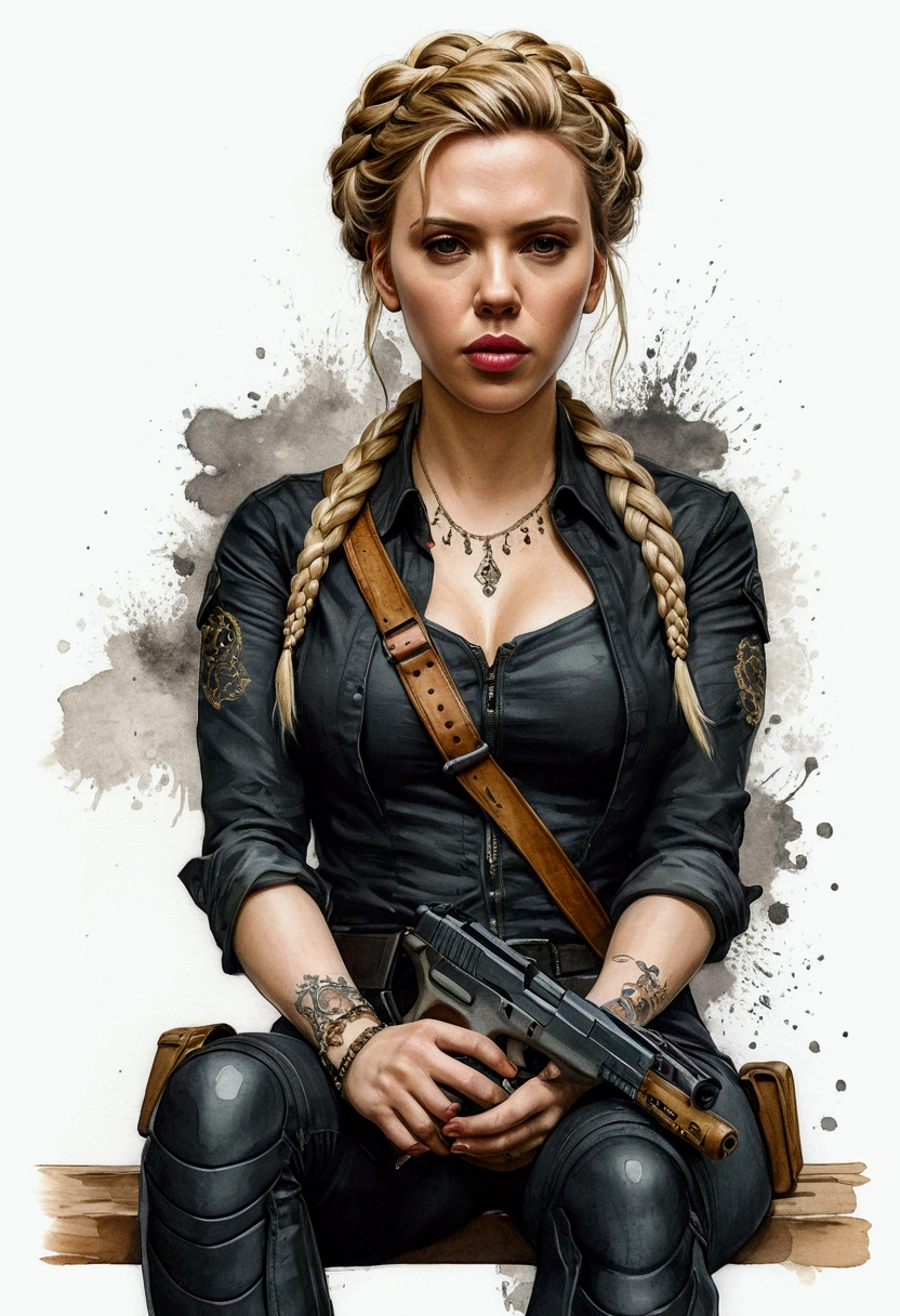 Scarlett Johansson sticker of a braided blonde costume full body image of a beautiful woman sitting and holding a glock, knee tights, rosto bonito altamente detalhado, Sugar Skull, arte banksy, rosas, caveiras, liberdade, soul, digital illustation, comiс style, steampunk noir, Approaching perfection, dynamic, altamente detalhado, pintura em aquarela, artstation, arte conceitual, suave, foco nítido, illustration, arte por Carne Griffiths e Wadim Kashin,