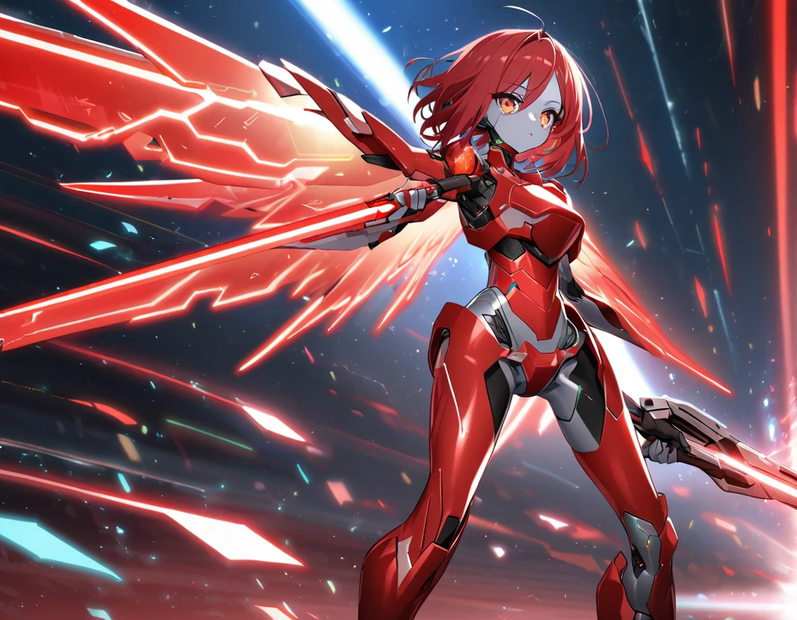 science fiction, android girl(metallic skin, cyber joint, red hair, red flash eyes, red armor legs, shining wings), have a beam sword,