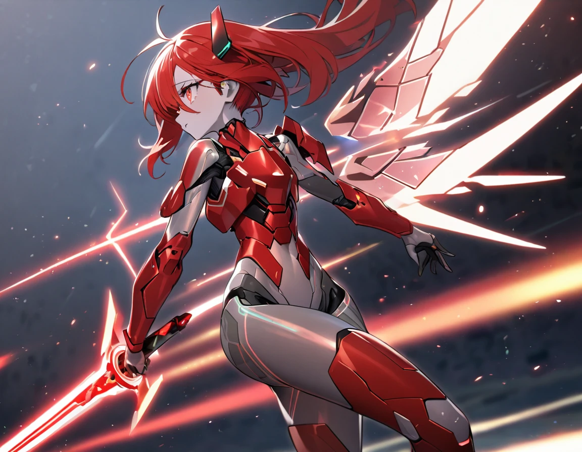 science fiction, android girl(metallic skin, cyber joint, red hair, red flash eyes, red armor legs, shining wings), have a beam sword,