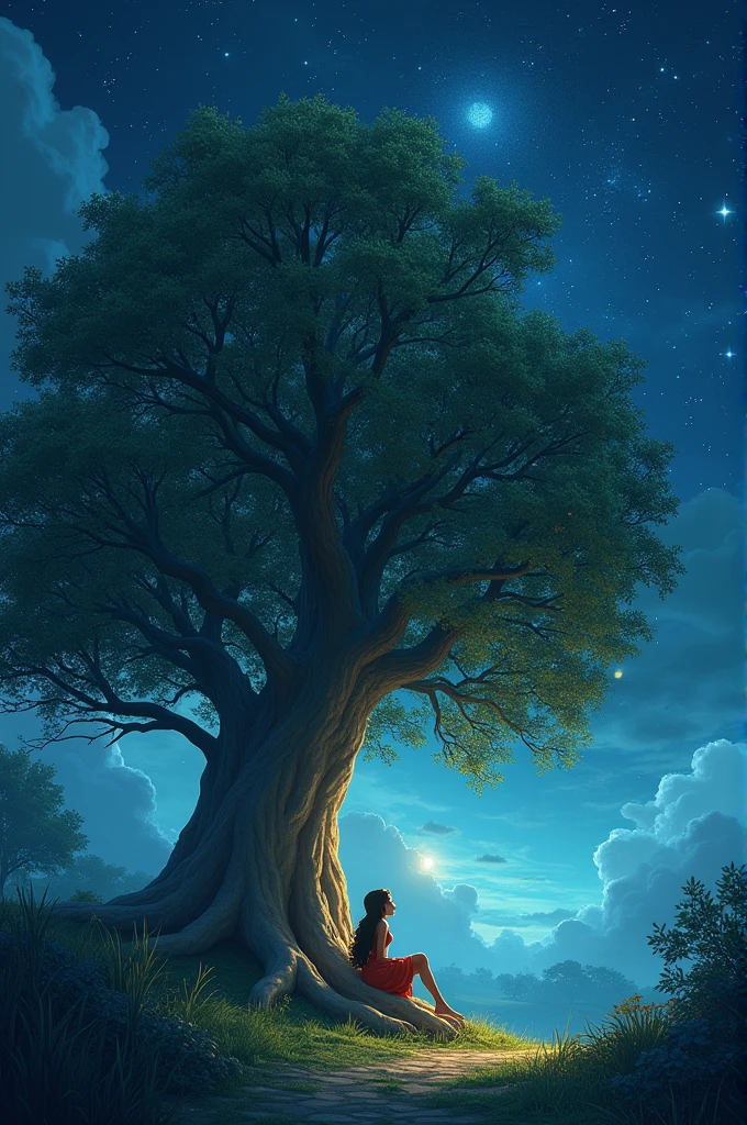 Scene 3: The Dream Tree Description:
No centro do jardim, Haya comes across a large majestic tree with leaves that sparkle like stars.. The tree has low branches, perfect for resting. Haya sits on one of the branches, watching the stars that seem to dance in the night sky. The environment is peaceful and filled with soft light that creates a halo around the tree.. Little magical creatures fly around, adding a touch of enchantment to the scene.