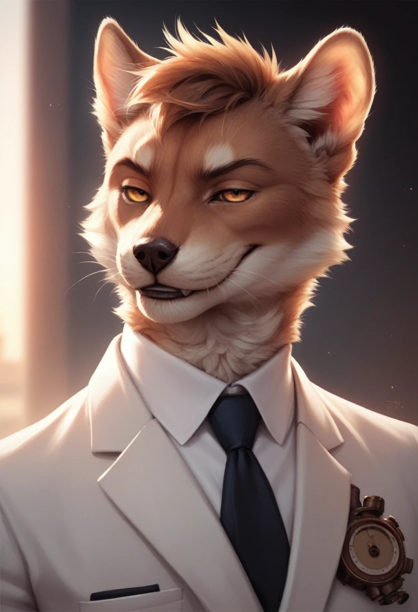 (furry art, uploaded on e621:1.4), 1boy, (solo_focus), (male:1.3) (furry:1.5) anthro, (upper body:1.3), on street, solo focus, detailed face, detailed eyes, (stylish haircut:1.4), detailed fluffy fur, fluffy tail, short hair, digitigrade, seductive pose, suit, fancy pants, digital painting, natural lighting, photorealistic (business suit:1.1), (smug face), smiling (cocky), steampunk