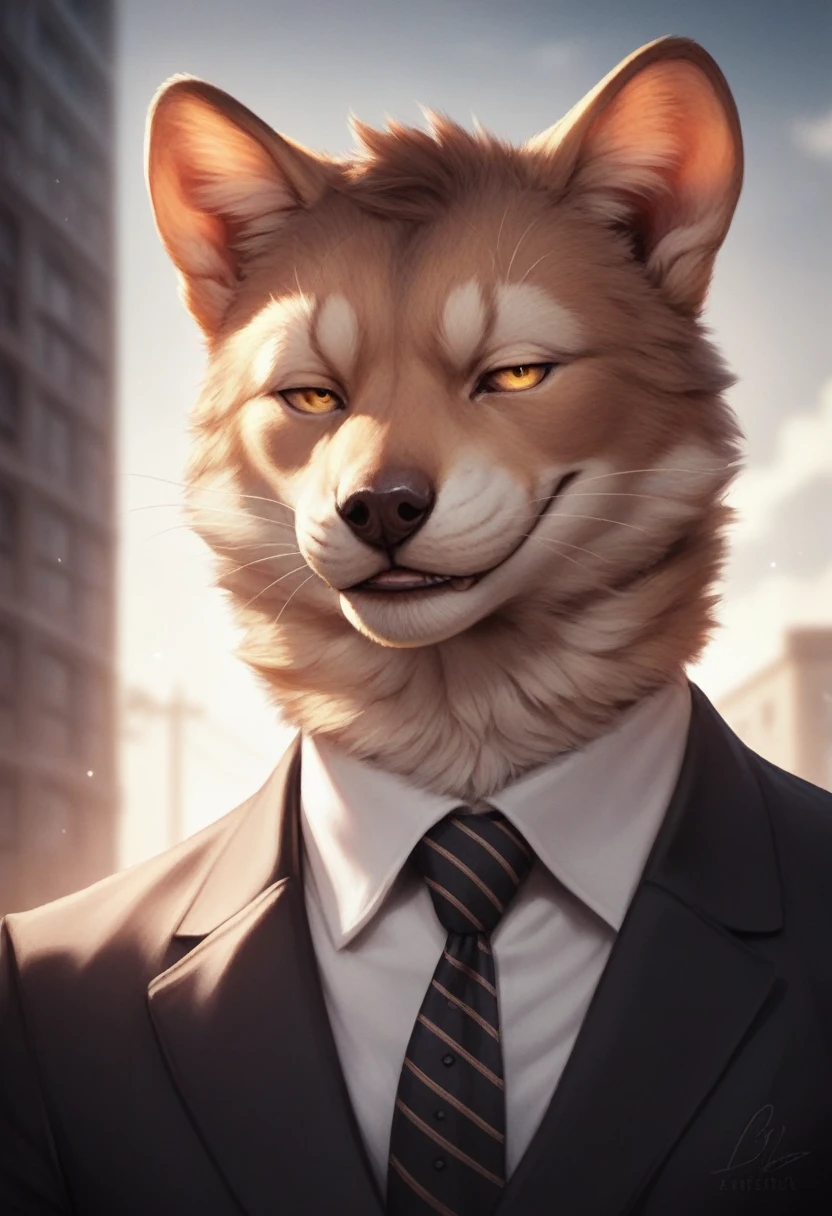 (furry art, uploaded on e621:1.4), 1boy, (solo_focus), (male:1.3) (furry:1.5) anthro, (upper body:1.3), on street, solo focus, detailed face, detailed eyes, (stylish haircut:1.4), detailed fluffy fur, fluffy tail, short hair, digitigrade, seductive pose, suit, fancy pants, digital painting, natural lighting, photorealistic (business suit:1.1), (smug face), smiling (cocky), steampunk